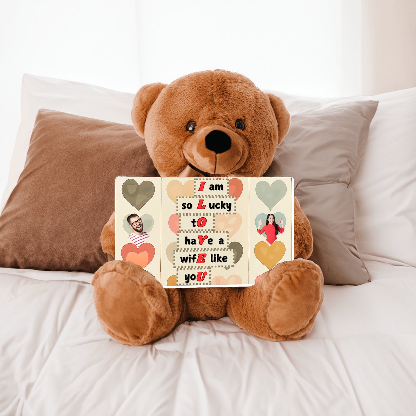 ILOVEU Personalized Teddy Bear with Sign - Gift For Wife  with "I am lucky to have a wife like you" Sign Message Card - Couple Custom Photo