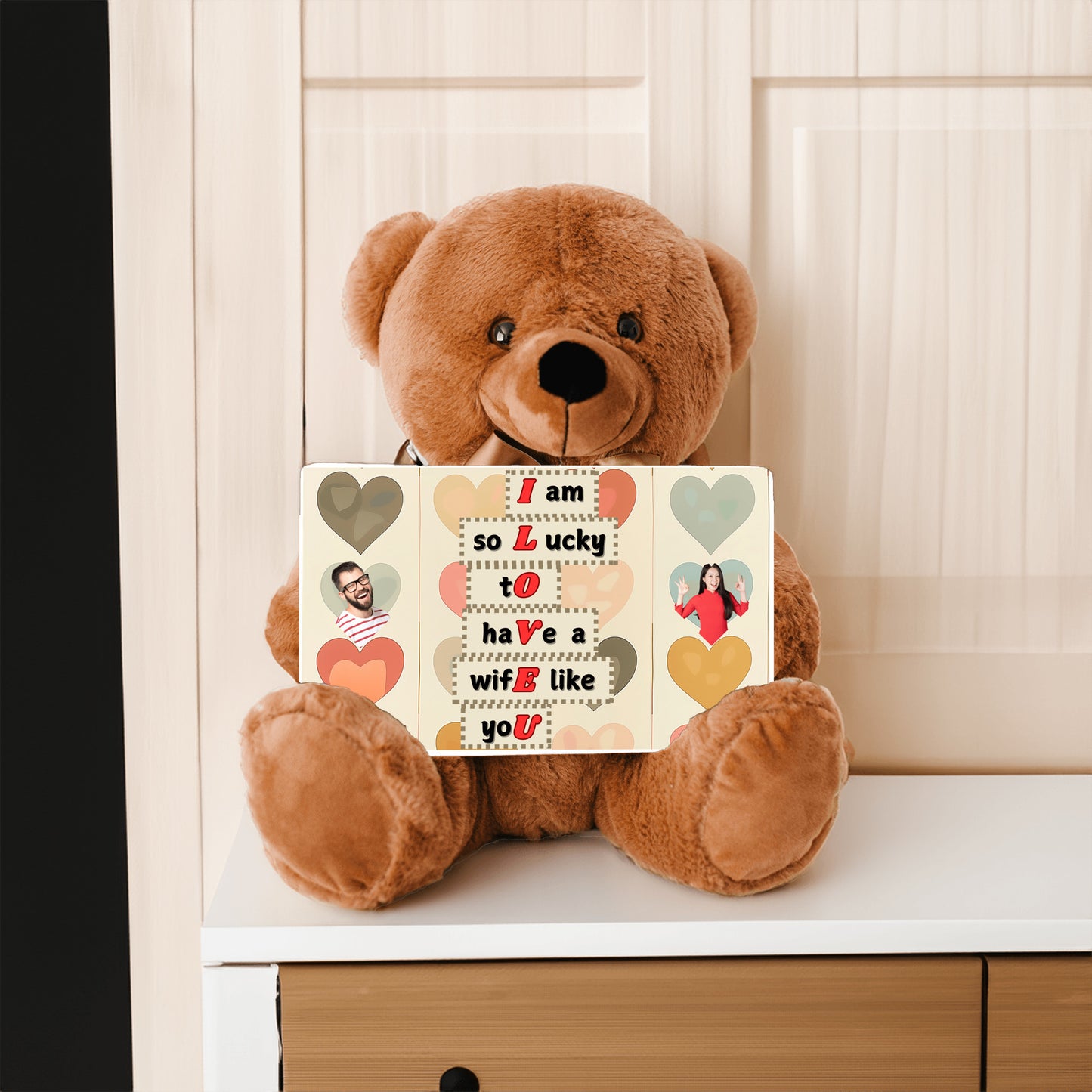 ILOVEU Personalized Teddy Bear with Sign - Gift For Wife  with "I am lucky to have a wife like you" Sign Message Card - Couple Custom Photo