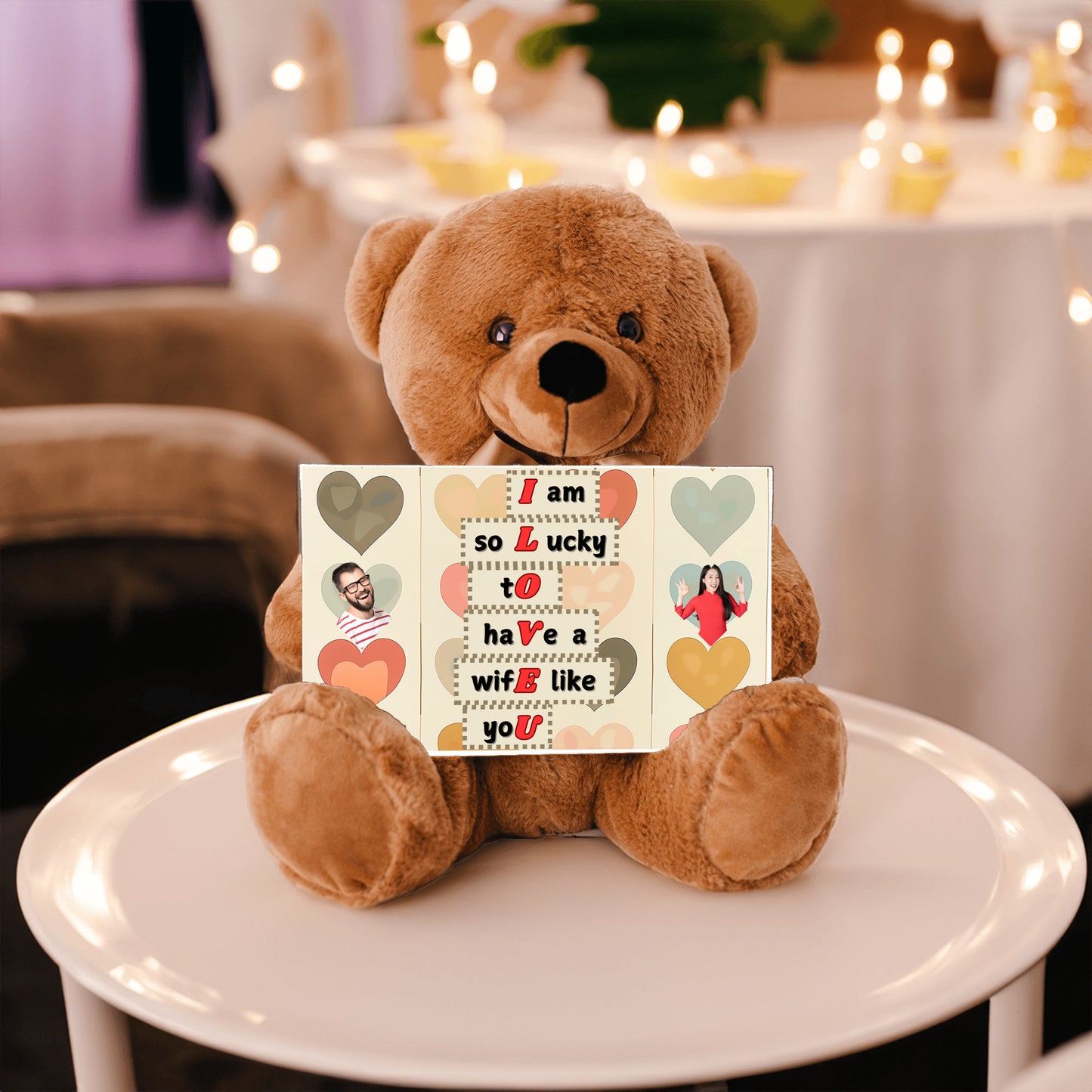 ILOVEU Personalized Teddy Bear with Sign - Gift For Wife  with "I am lucky to have a wife like you" Sign Message Card - Couple Custom Photo