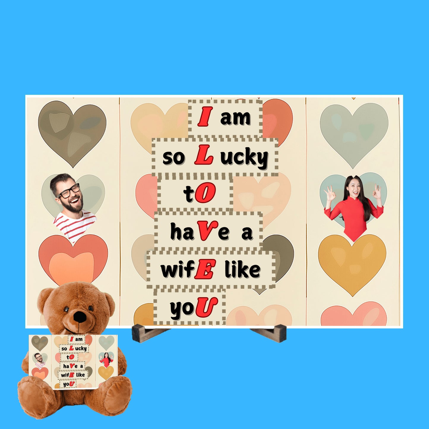 ILOVEU Personalized Teddy Bear with Sign - Gift For Wife  with "I am lucky to have a wife like you" Sign Message Card - Couple Custom Photo