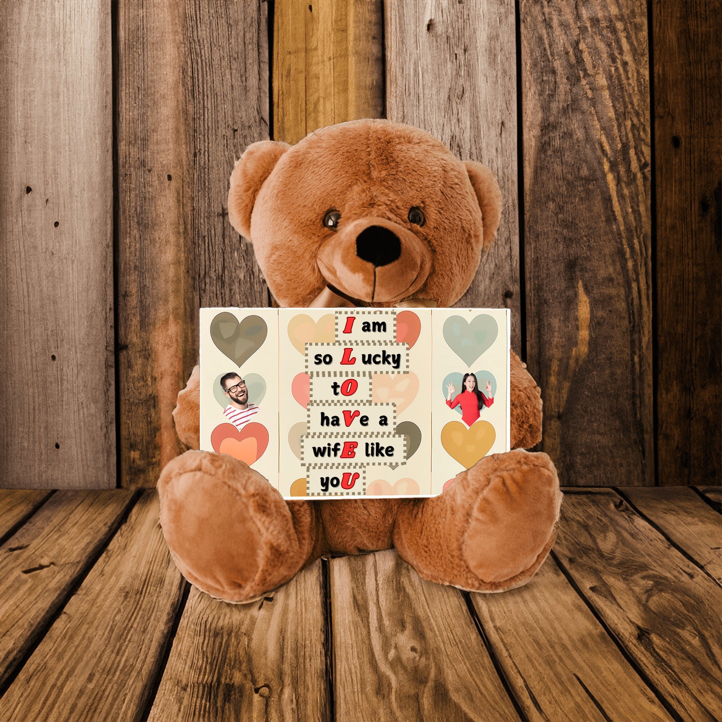 ILOVEU Personalized Teddy Bear with Sign - Gift For Wife  with "I am lucky to have a wife like you" Sign Message Card - Couple Custom Photo