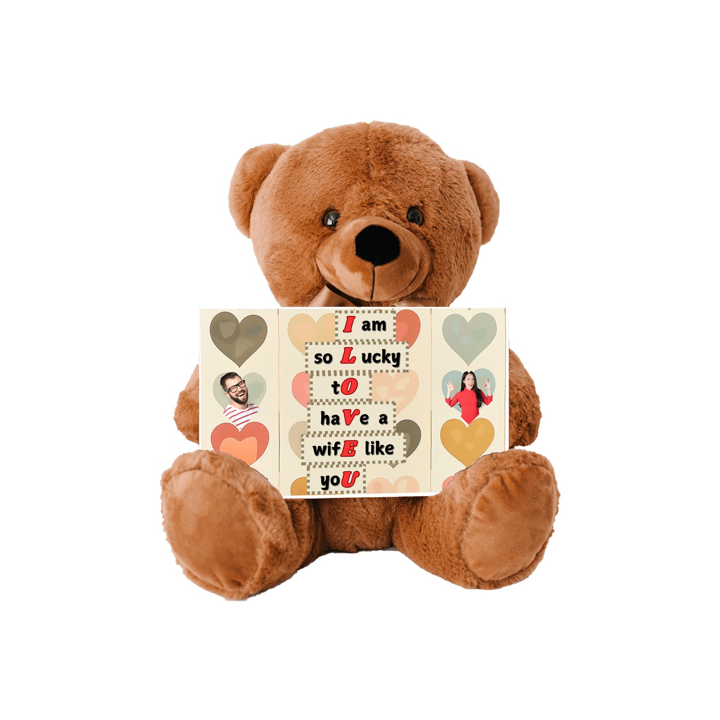 ILOVEU Personalized Teddy Bear with Sign - Gift For Wife  with "I am lucky to have a wife like you" Sign Message Card - Couple Custom Photo