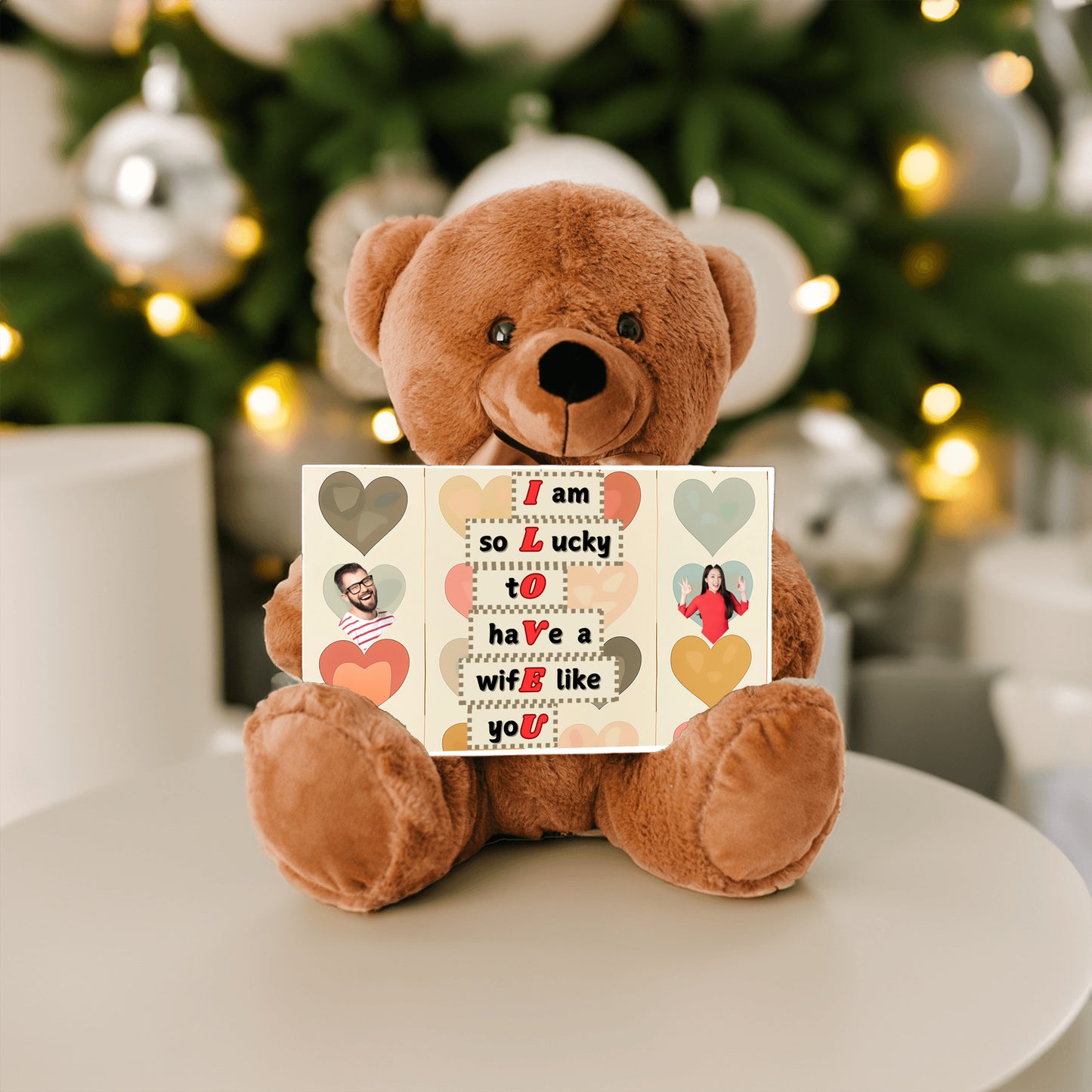 ILOVEU Personalized Teddy Bear with Sign - Gift For Wife  with "I am lucky to have a wife like you" Sign Message Card - Couple Custom Photo