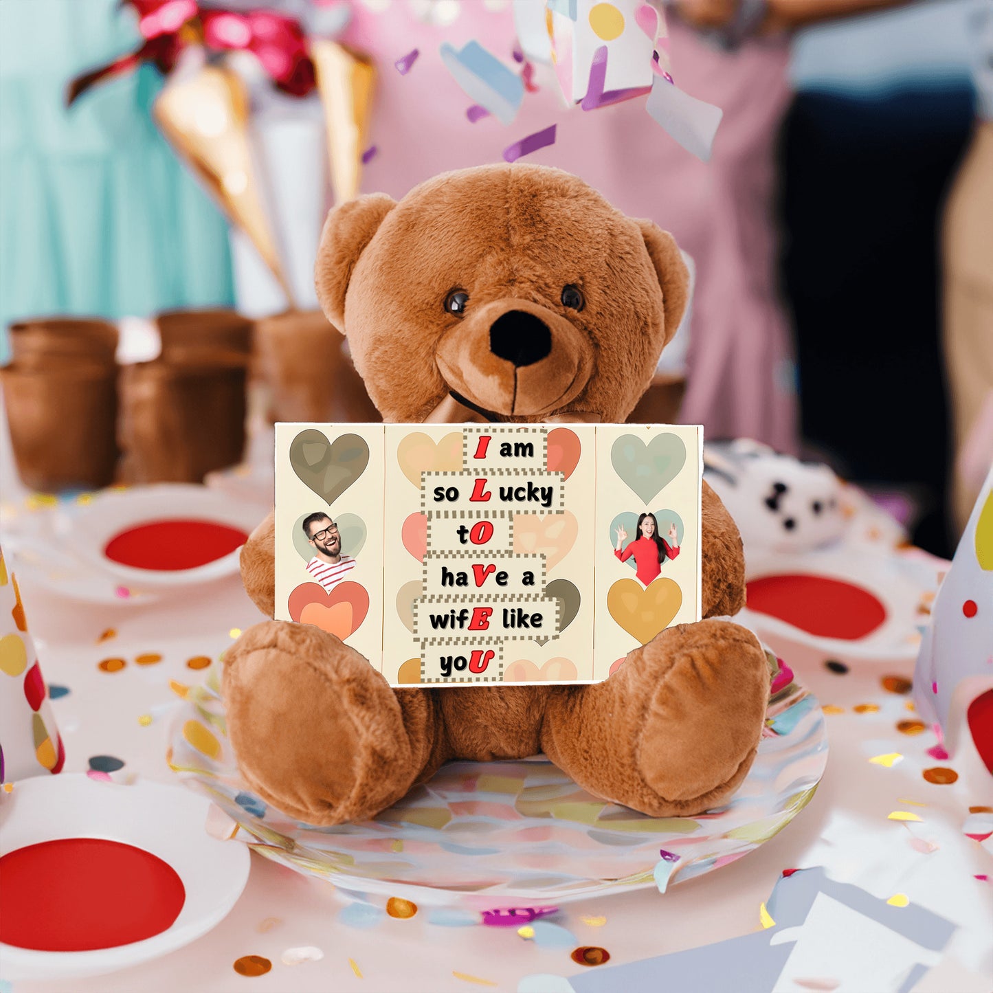 ILOVEU Personalized Teddy Bear with Sign - Gift For Wife  with "I am lucky to have a wife like you" Sign Message Card - Couple Custom Photo