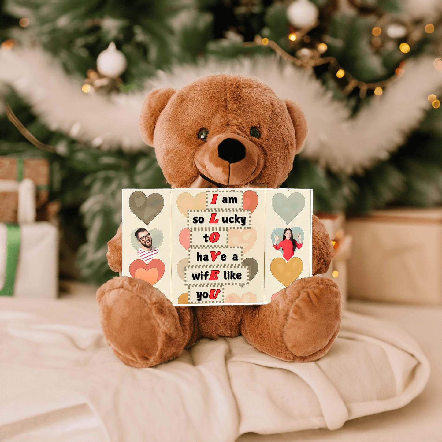 ILOVEU Personalized Teddy Bear with Sign - Gift For Wife  with "I am lucky to have a wife like you" Sign Message Card - Couple Custom Photo