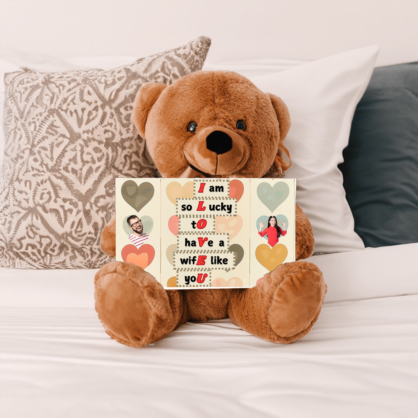 ILOVEU Personalized Teddy Bear with Sign - Gift For Wife  with "I am lucky to have a wife like you" Sign Message Card - Couple Custom Photo