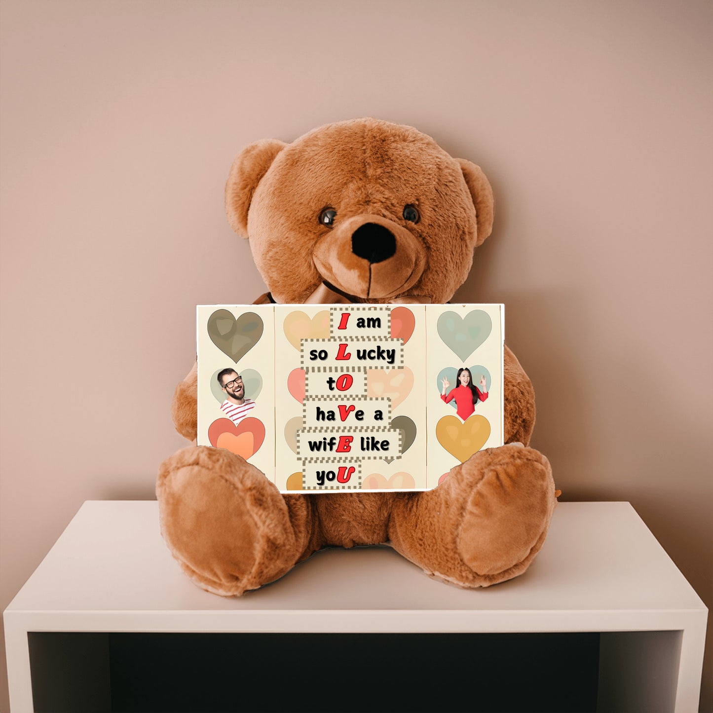 ILOVEU Personalized Teddy Bear with Sign - Gift For Wife  with "I am lucky to have a wife like you" Sign Message Card - Couple Custom Photo