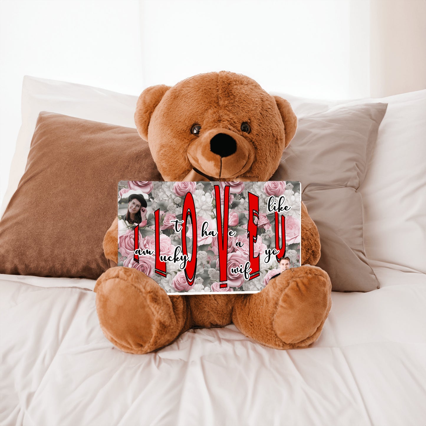 ILOVEU Romantic Gift for Wife - Personalized Couple Photo Teddy Bear with Message Sign