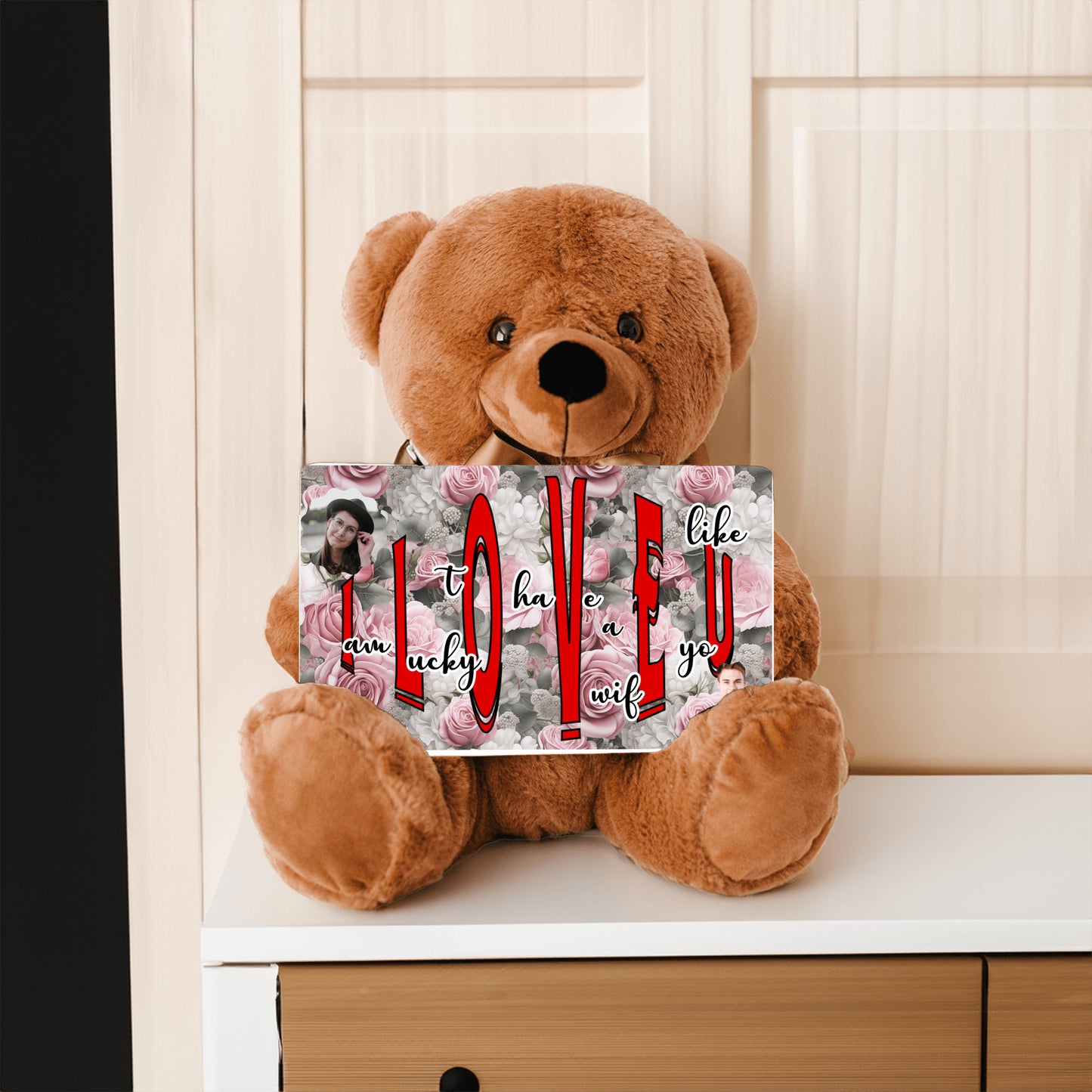 ILOVEU Romantic Gift for Wife - Personalized Couple Photo Teddy Bear with Message Sign