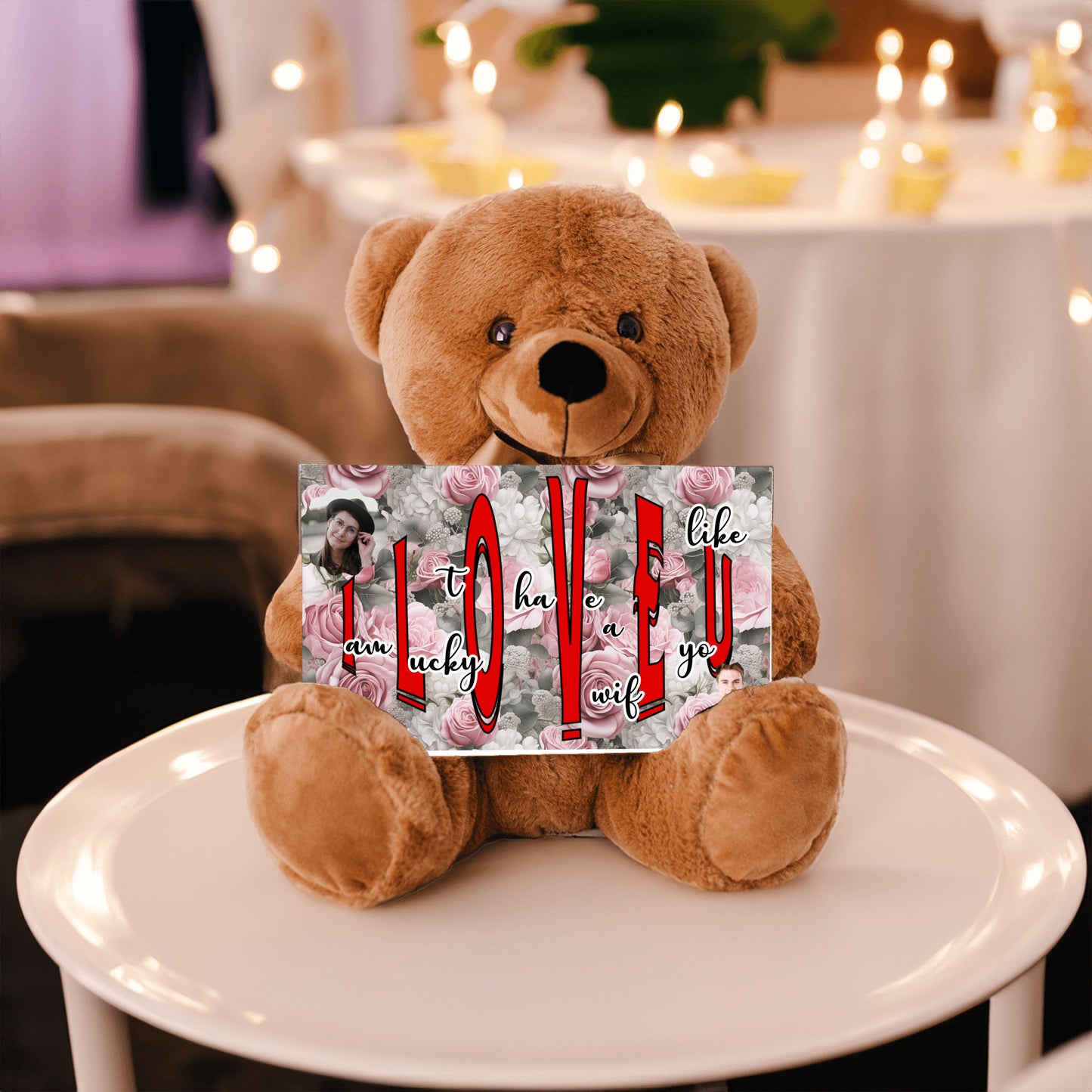 ILOVEU Romantic Gift for Wife - Personalized Couple Photo Teddy Bear with Message Sign