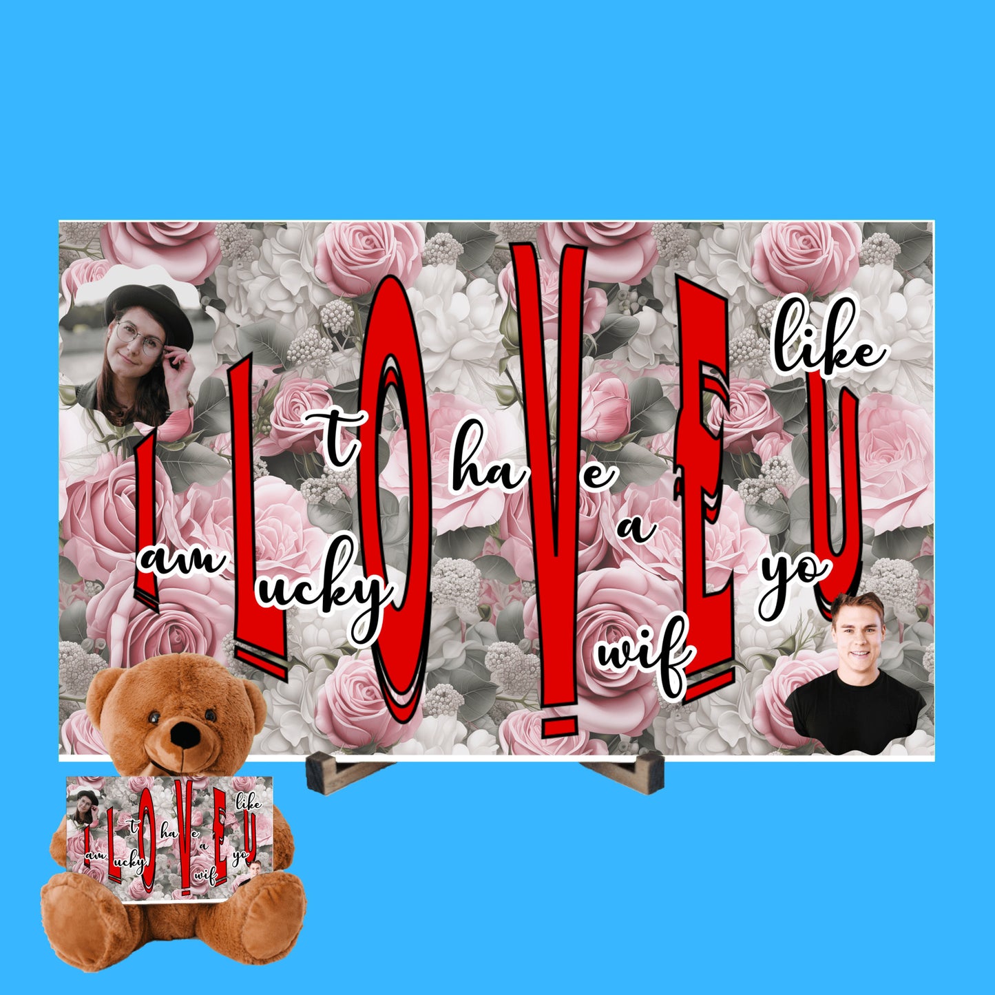 ILOVEU Romantic Gift for Wife - Personalized Couple Photo Teddy Bear with Message Sign