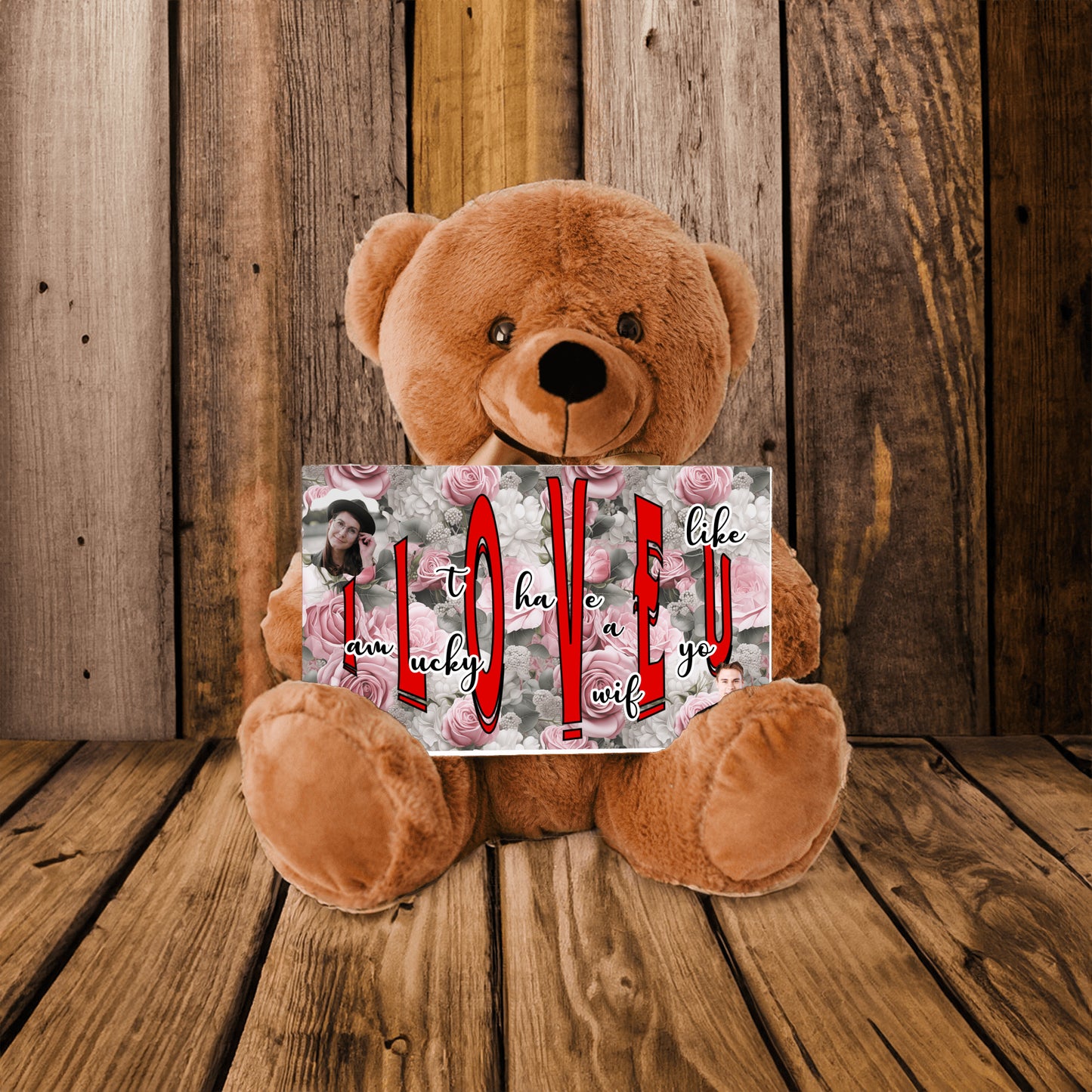 ILOVEU Romantic Gift for Wife - Personalized Couple Photo Teddy Bear with Message Sign