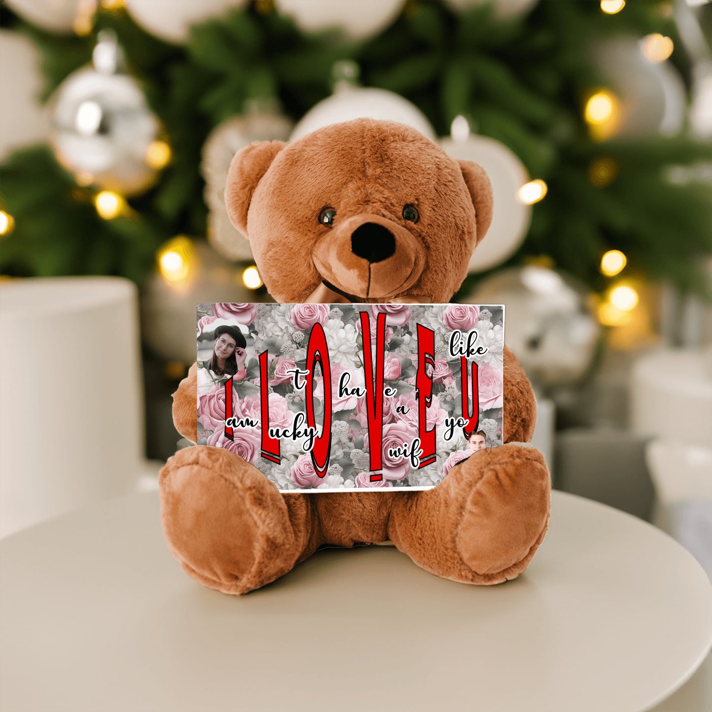 ILOVEU Romantic Gift for Wife - Personalized Couple Photo Teddy Bear with Message Sign