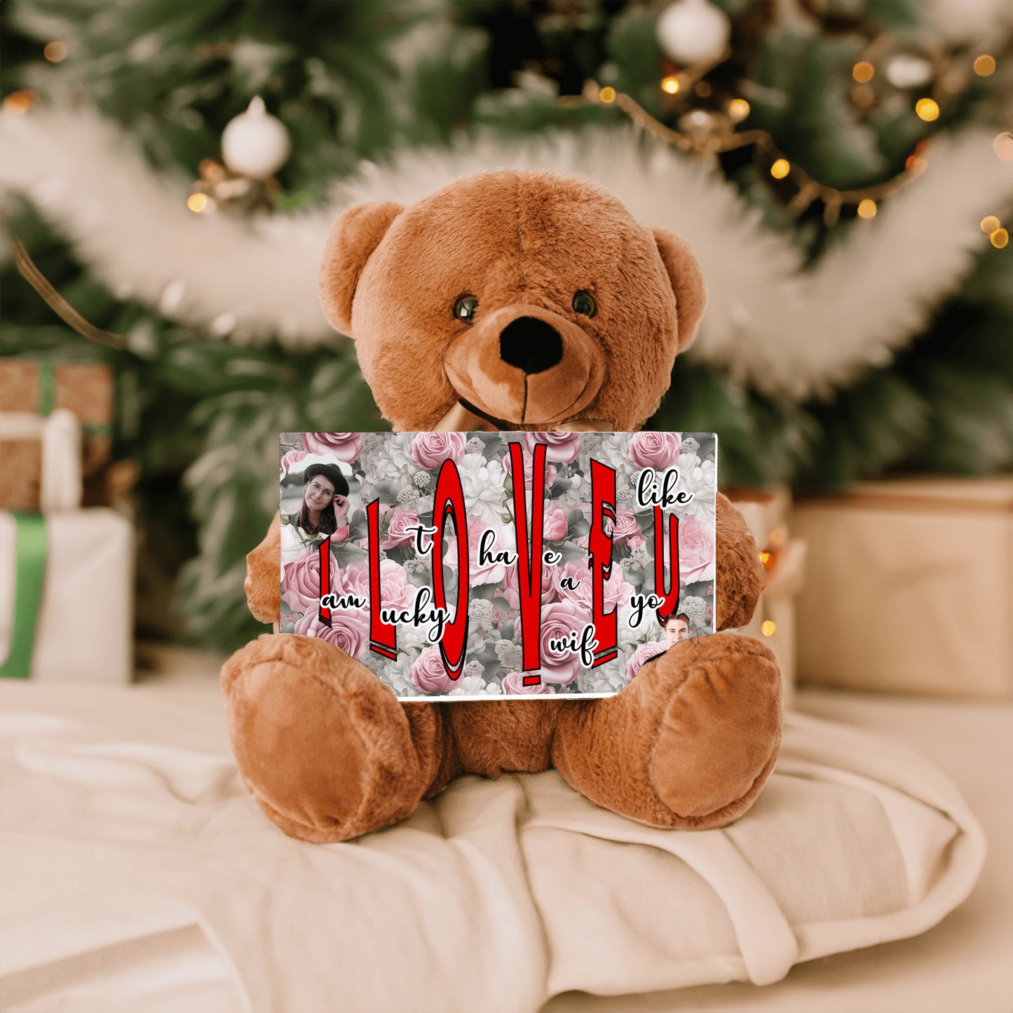 ILOVEU Romantic Gift for Wife - Personalized Couple Photo Teddy Bear with Message Sign