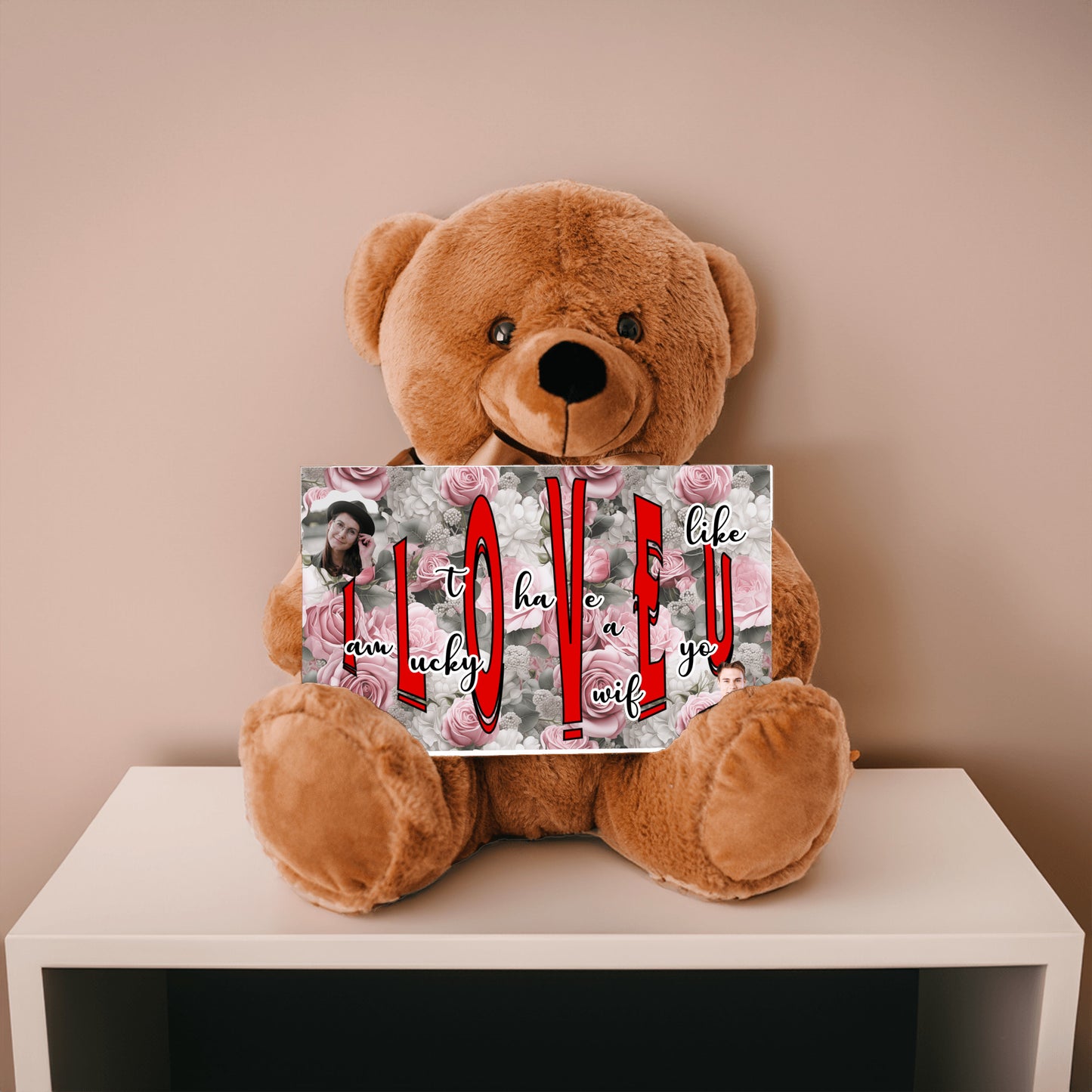 ILOVEU Romantic Gift for Wife - Personalized Couple Photo Teddy Bear with Message Sign