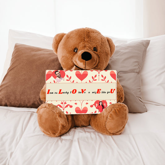 ILOVEU Personalized  Gift for Wife - Couple Photo Teddy Bear - Classic Red Heart Design