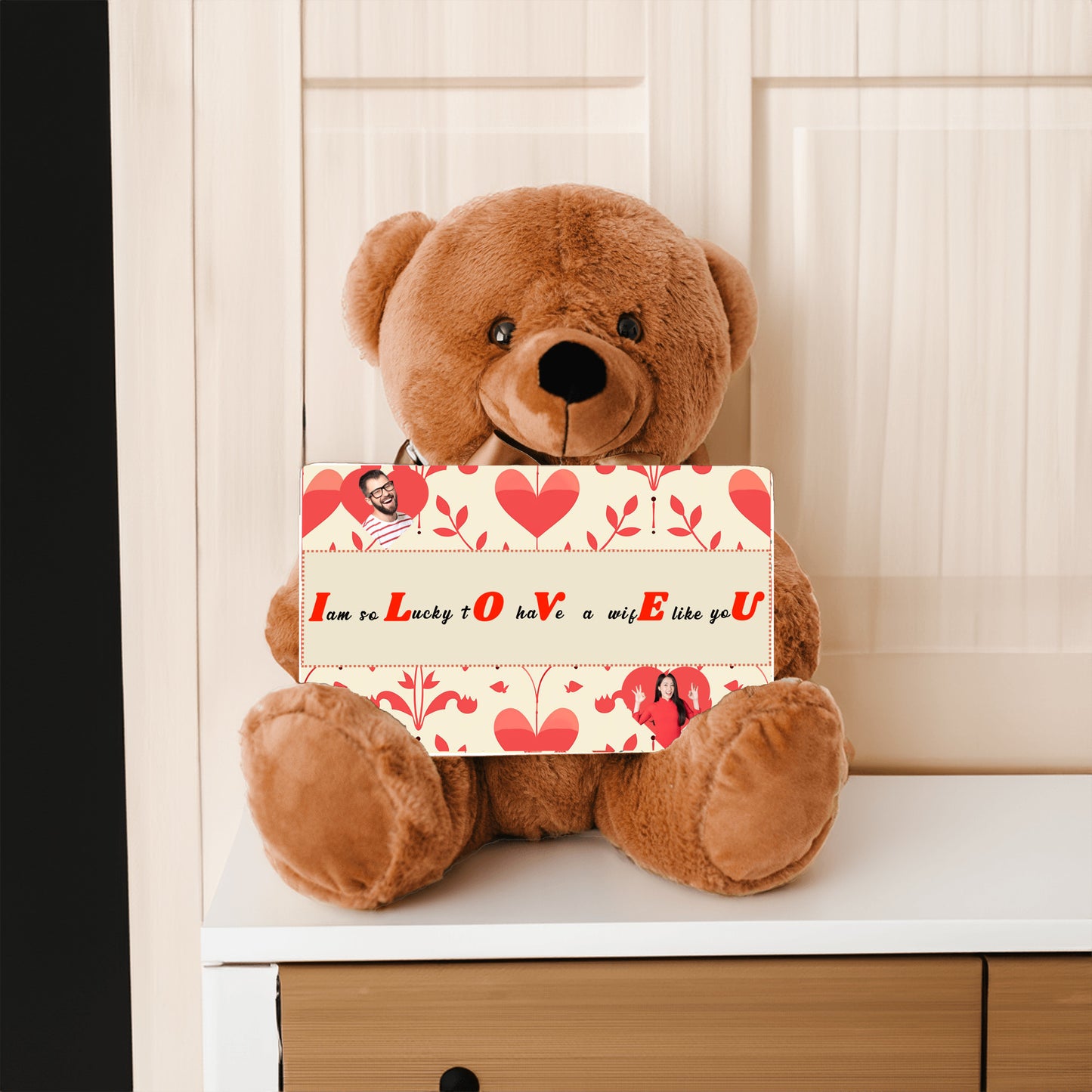 ILOVEU Personalized  Gift for Wife - Couple Photo Teddy Bear - Classic Red Heart Design