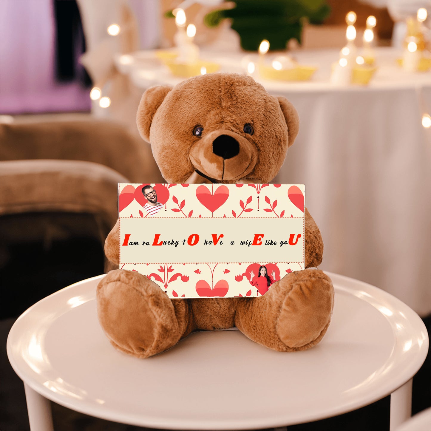 ILOVEU Personalized  Gift for Wife - Couple Photo Teddy Bear - Classic Red Heart Design