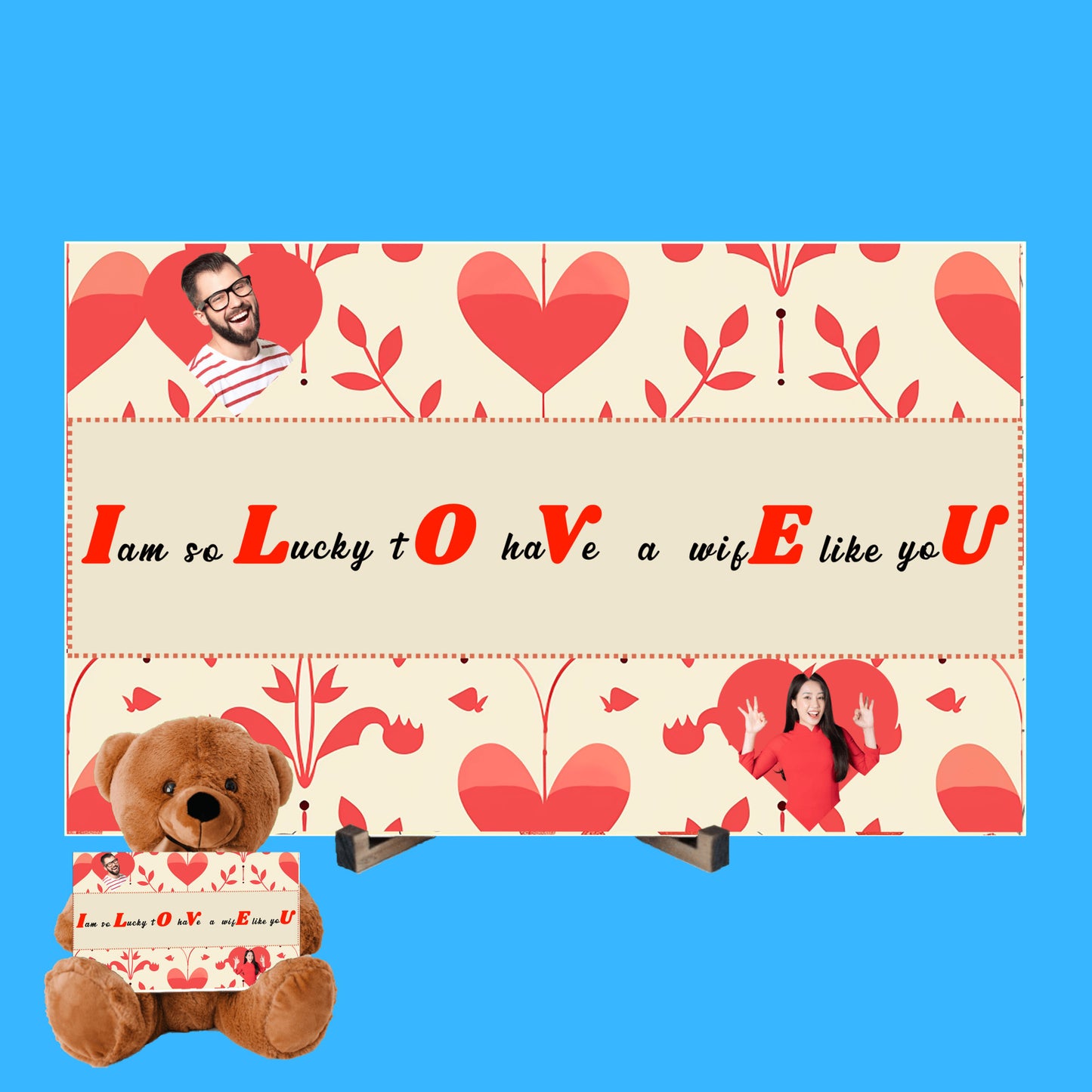 ILOVEU Personalized  Gift for Wife - Couple Photo Teddy Bear - Classic Red Heart Design