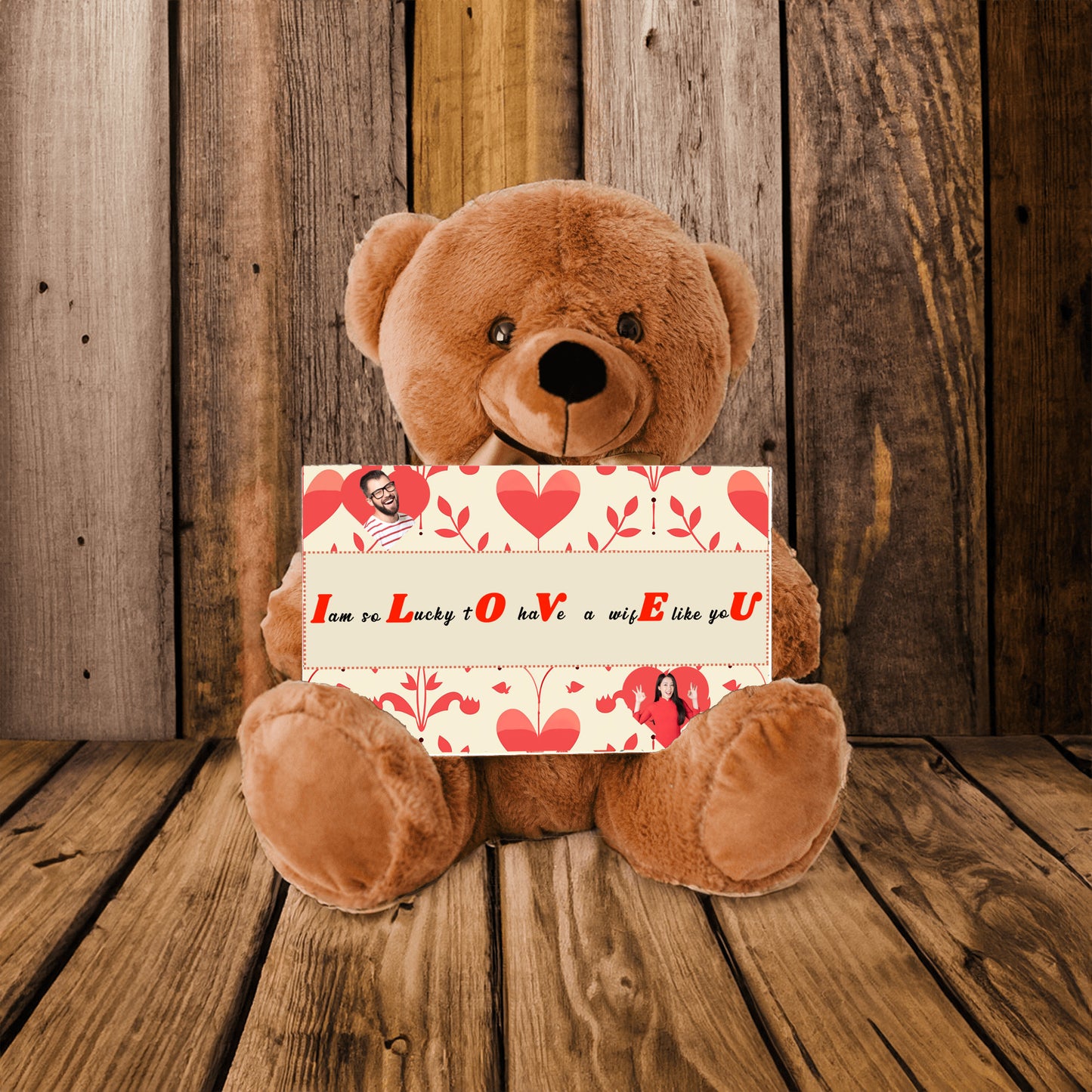 ILOVEU Personalized  Gift for Wife - Couple Photo Teddy Bear - Classic Red Heart Design