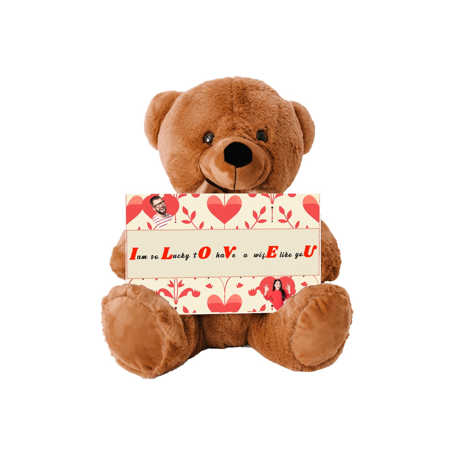 ILOVEU Personalized  Gift for Wife - Couple Photo Teddy Bear - Classic Red Heart Design