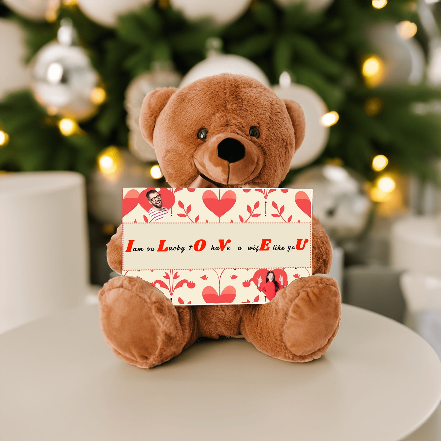 ILOVEU Personalized  Gift for Wife - Couple Photo Teddy Bear - Classic Red Heart Design