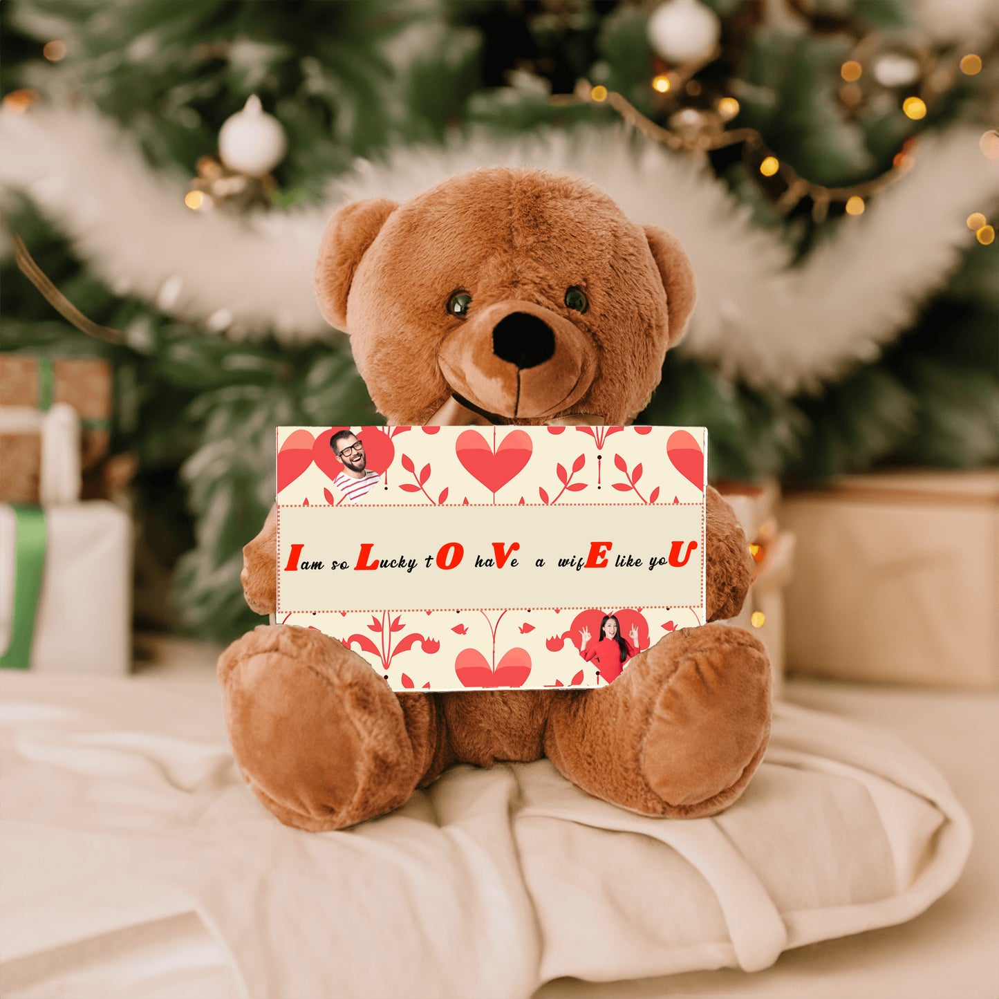 ILOVEU Personalized  Gift for Wife - Couple Photo Teddy Bear - Classic Red Heart Design