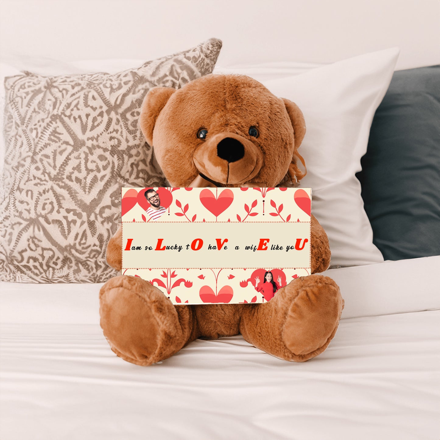 ILOVEU Personalized  Gift for Wife - Couple Photo Teddy Bear - Classic Red Heart Design