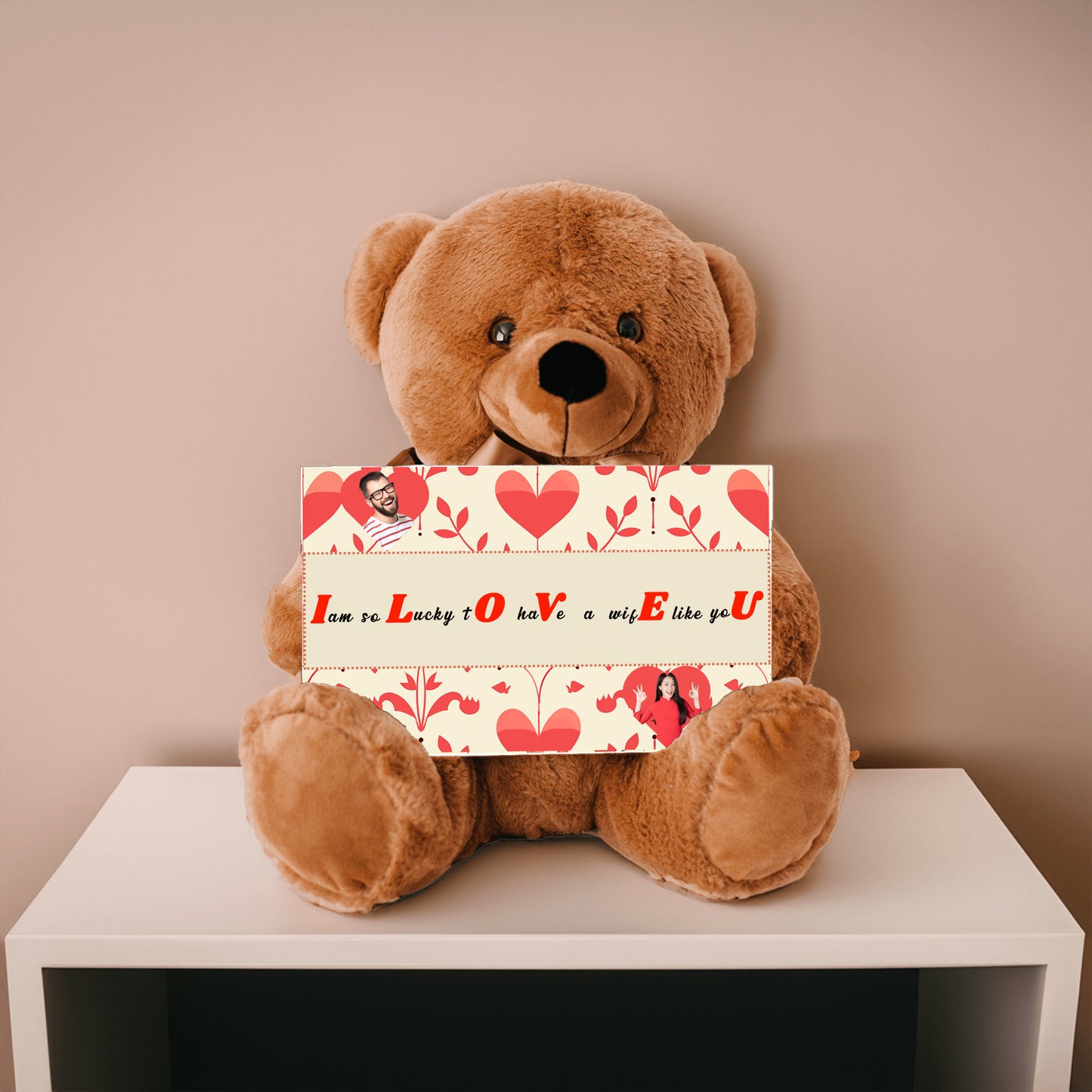 ILOVEU Personalized  Gift for Wife - Couple Photo Teddy Bear - Classic Red Heart Design