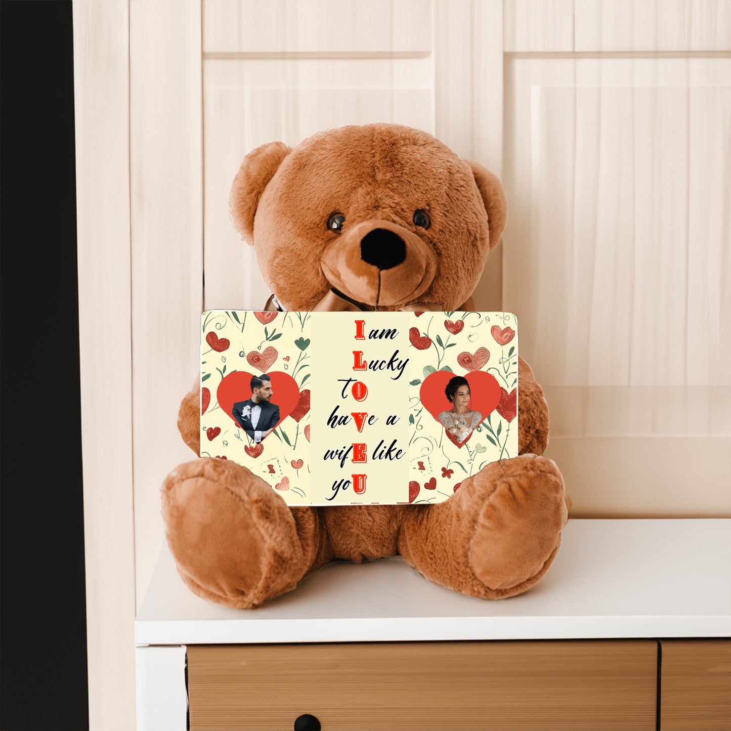 ILOVEU Personalized Couple Photo Teddy Bear with Sign - Gift for Wife  - Classic Heart Design