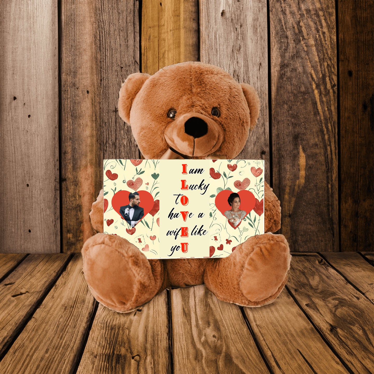 ILOVEU Personalized Couple Photo Teddy Bear with Sign - Gift for Wife  - Classic Heart Design