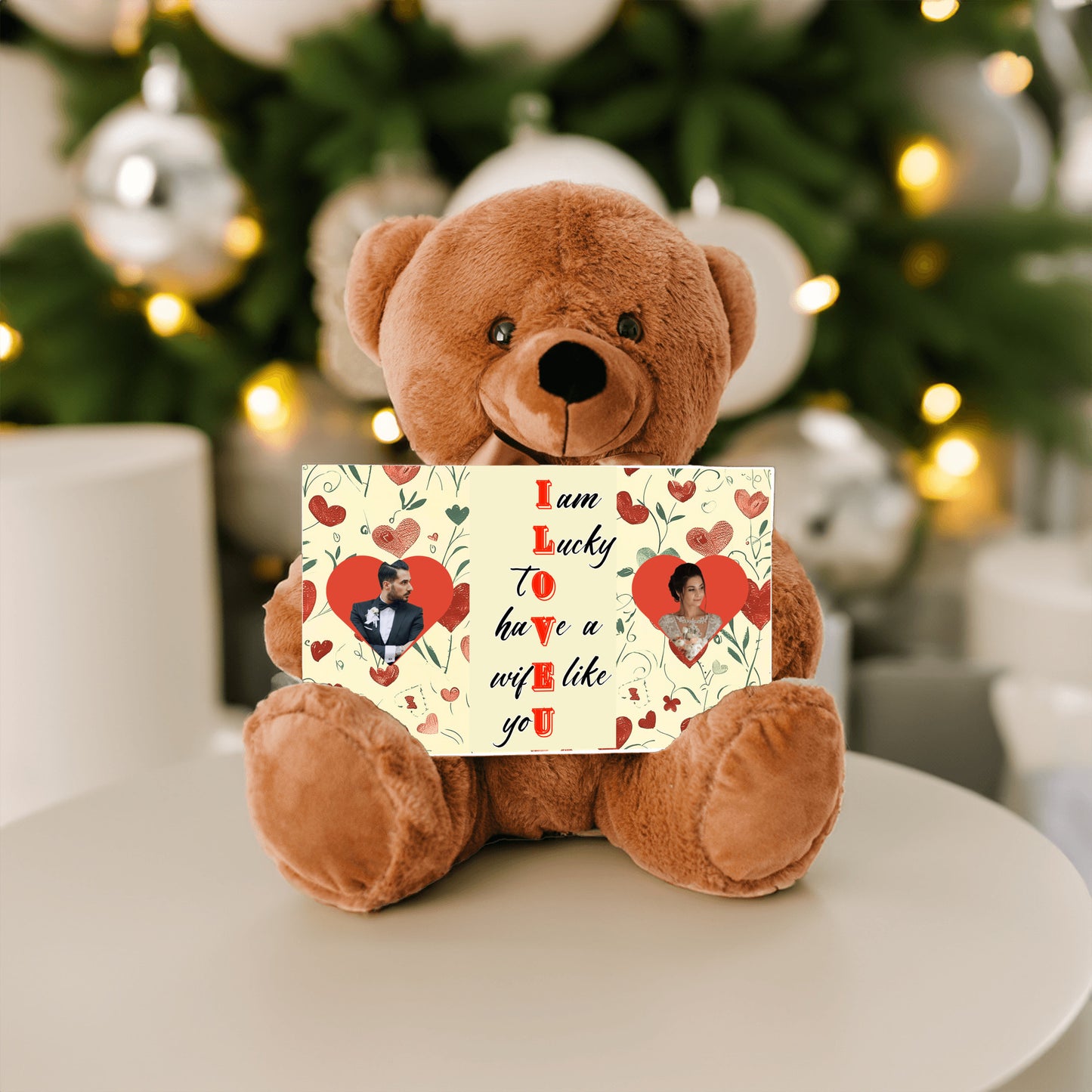 ILOVEU Personalized Couple Photo Teddy Bear with Sign - Gift for Wife  - Classic Heart Design