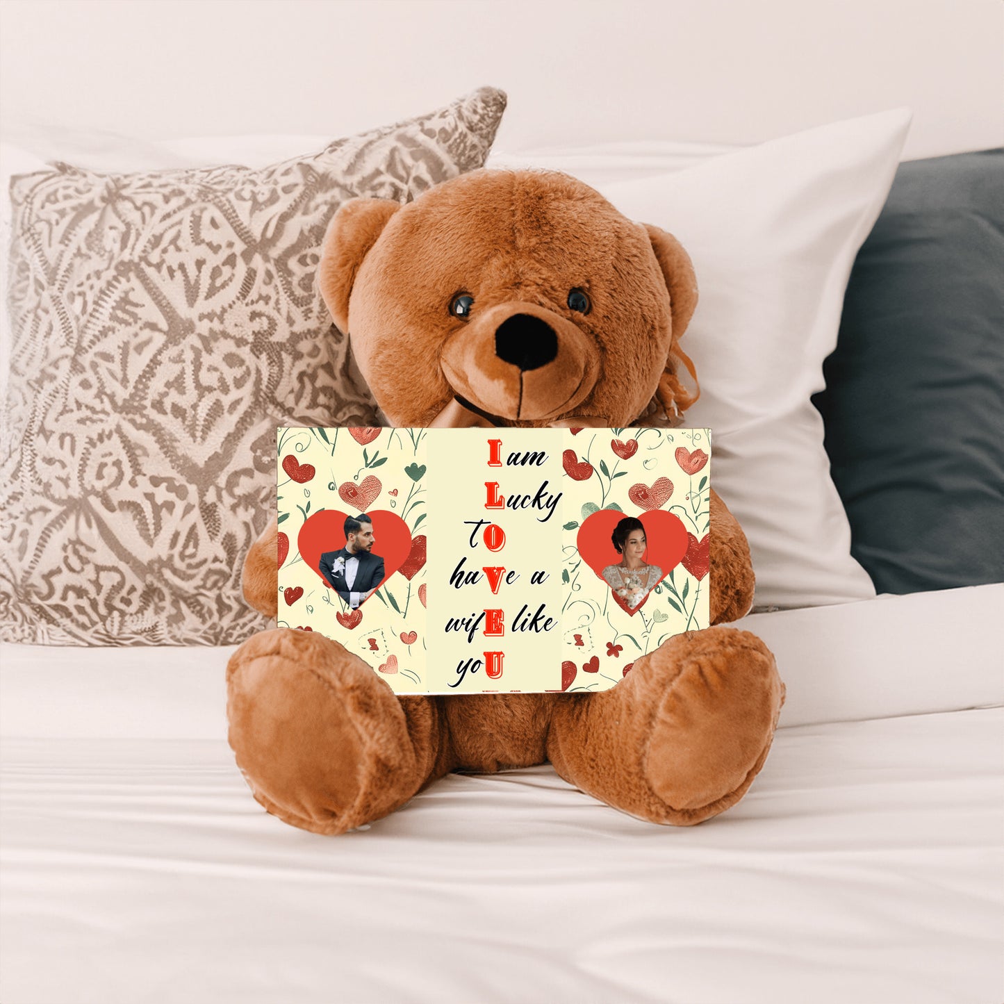 ILOVEU Personalized Couple Photo Teddy Bear with Sign - Gift for Wife  - Classic Heart Design