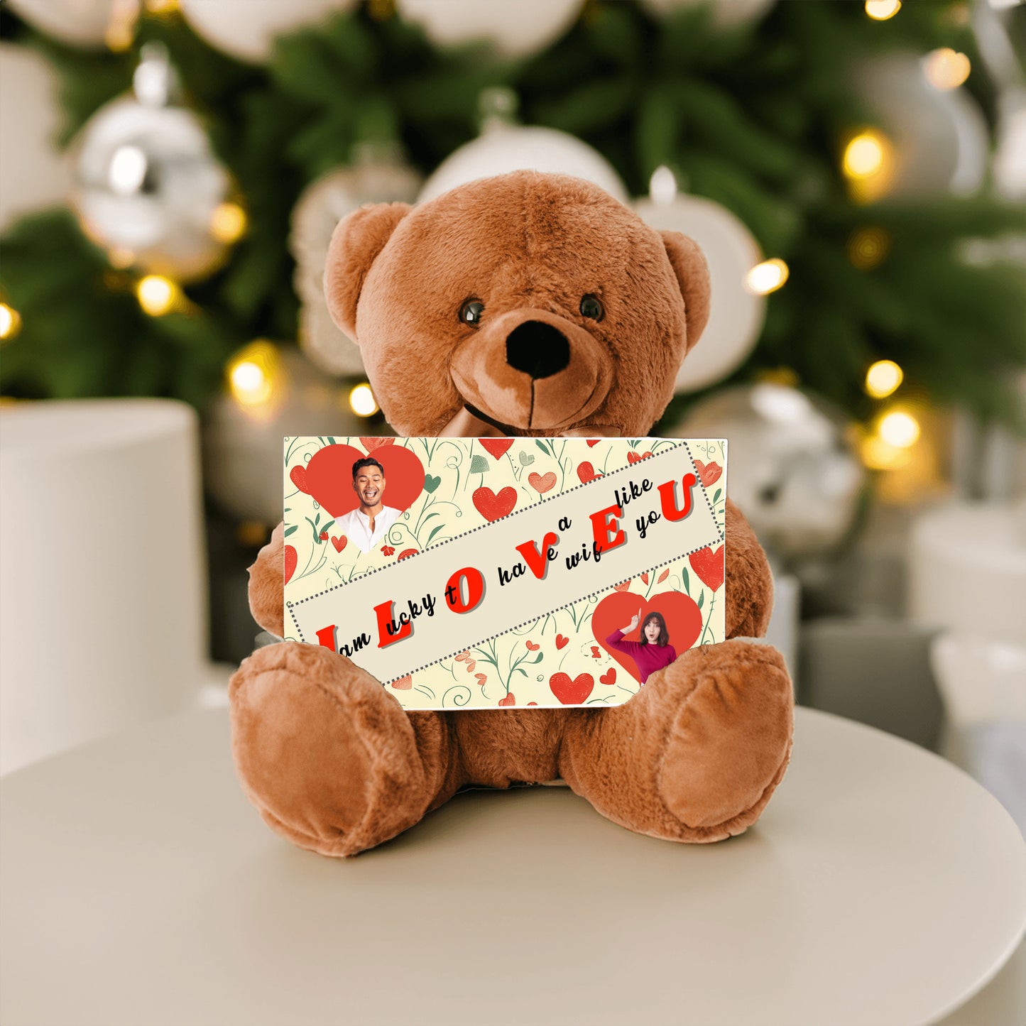 ILOVEU Romantic Gift for Wife - Personalized Couple Photo Teddy Bear with Heart Design