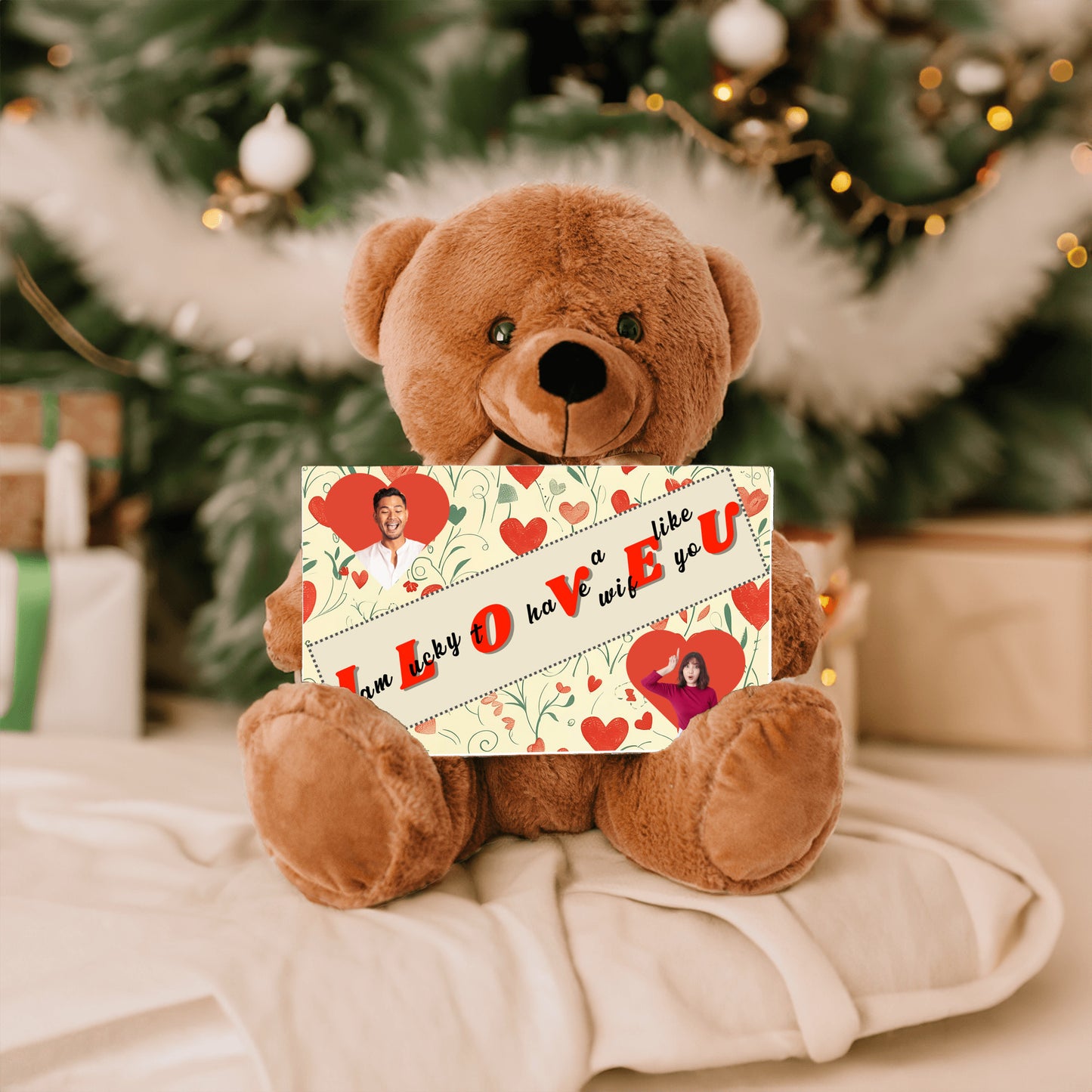 ILOVEU Romantic Gift for Wife - Personalized Couple Photo Teddy Bear with Heart Design