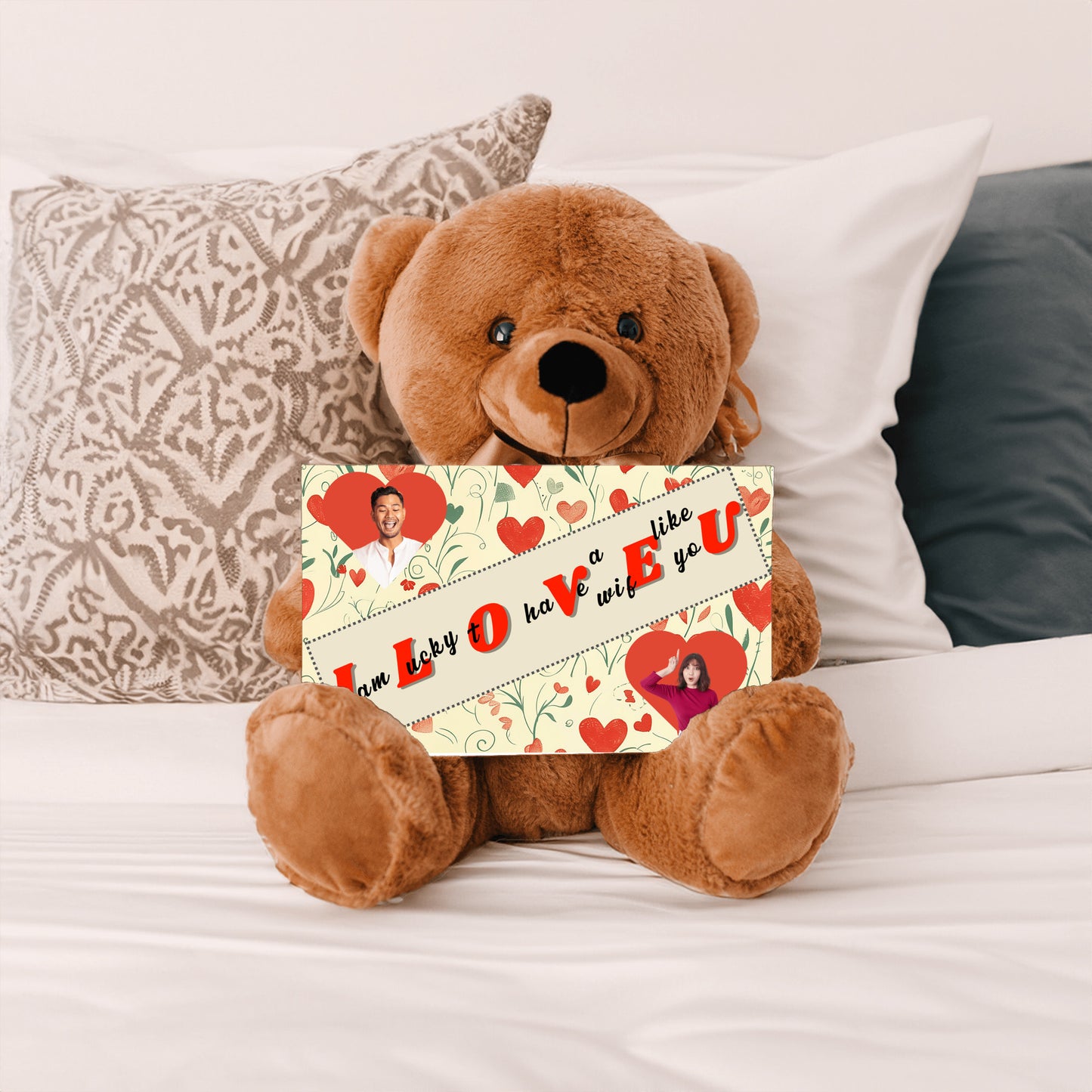 ILOVEU Romantic Gift for Wife - Personalized Couple Photo Teddy Bear with Heart Design