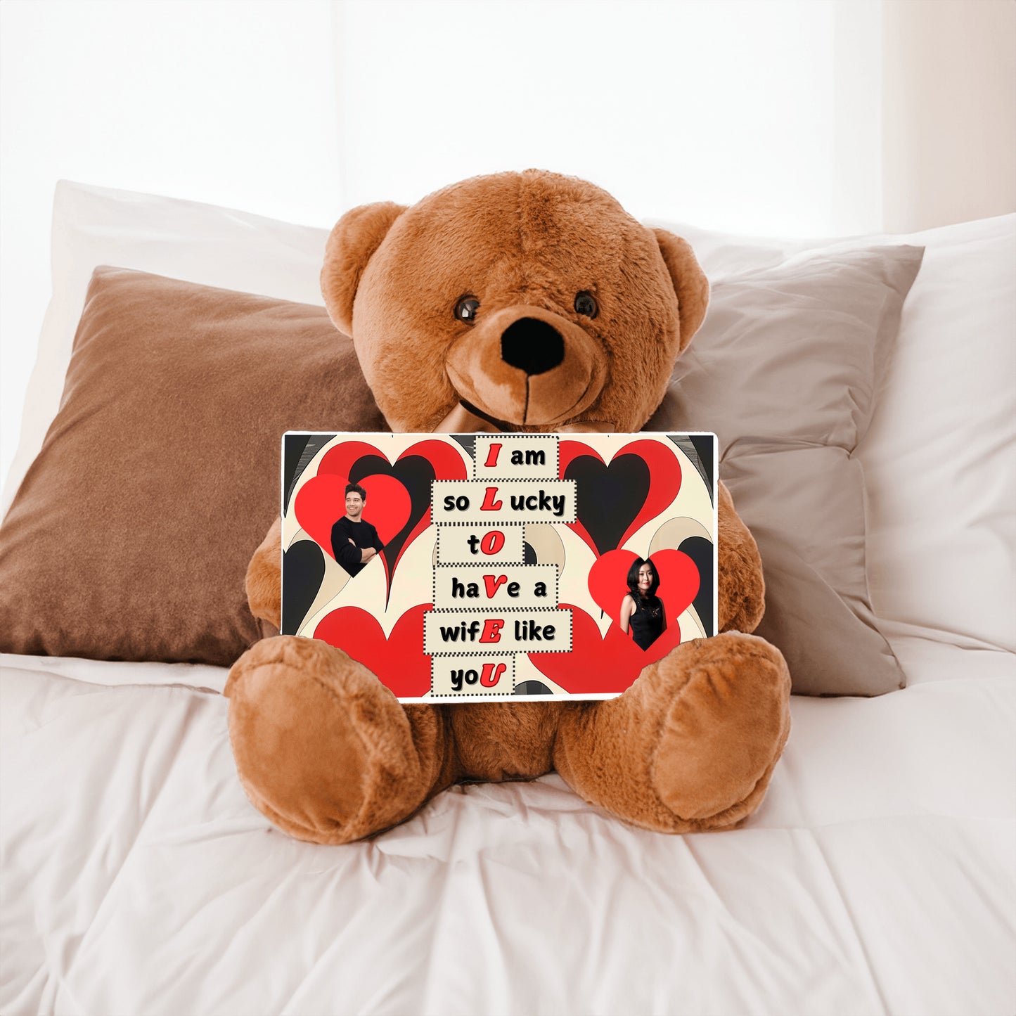 ILOVEU Personalized Couple Photo Teddy Bear with Sign - Best Gift for Wife - Black & Red Classic Heart Design Background