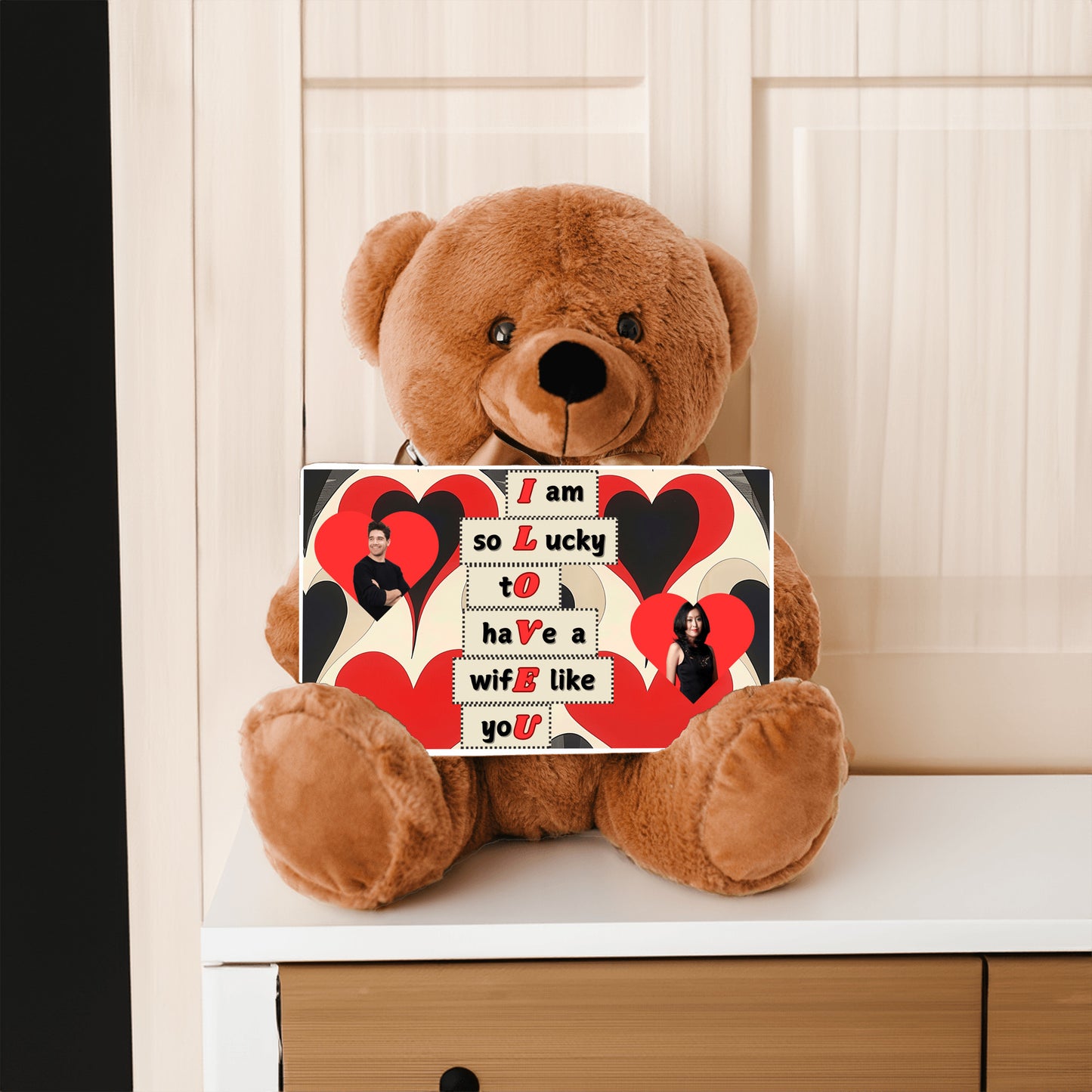 ILOVEU Personalized Couple Photo Teddy Bear with Sign - Best Gift for Wife - Black & Red Classic Heart Design Background