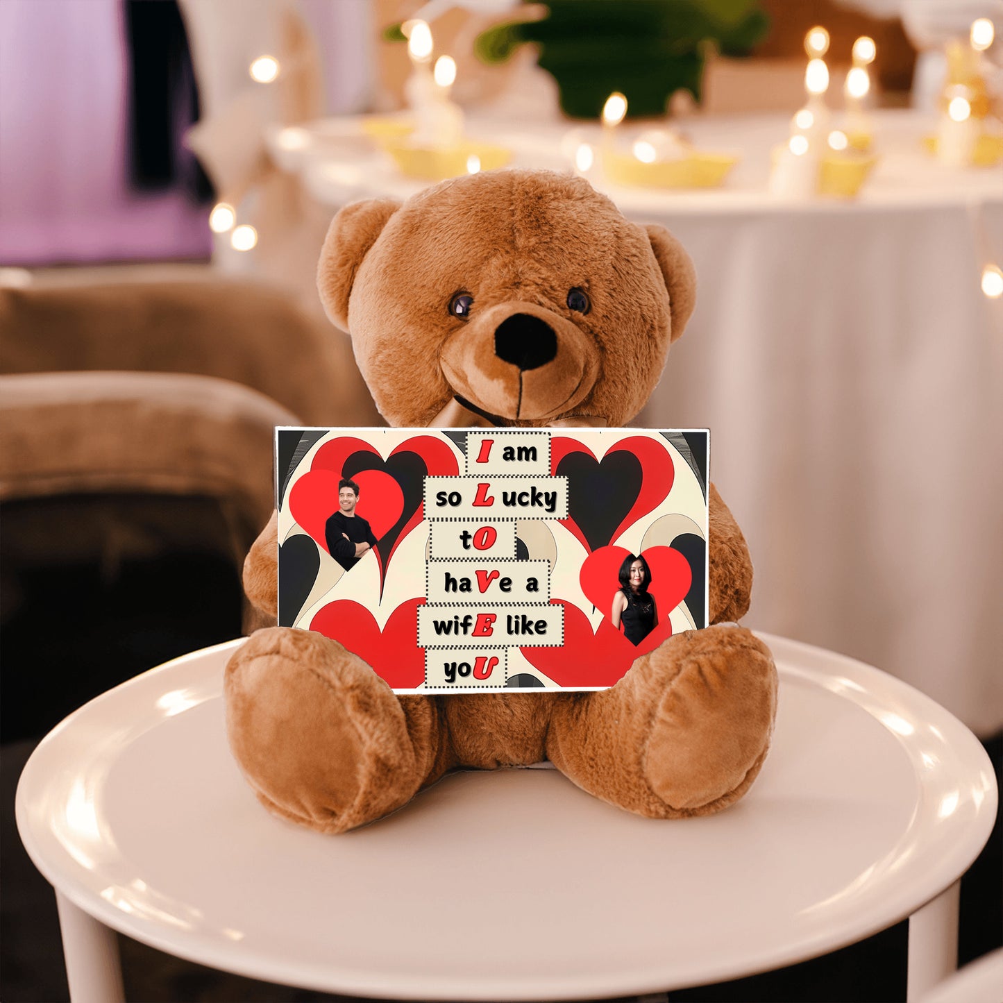 ILOVEU Personalized Couple Photo Teddy Bear with Sign - Best Gift for Wife - Black & Red Classic Heart Design Background