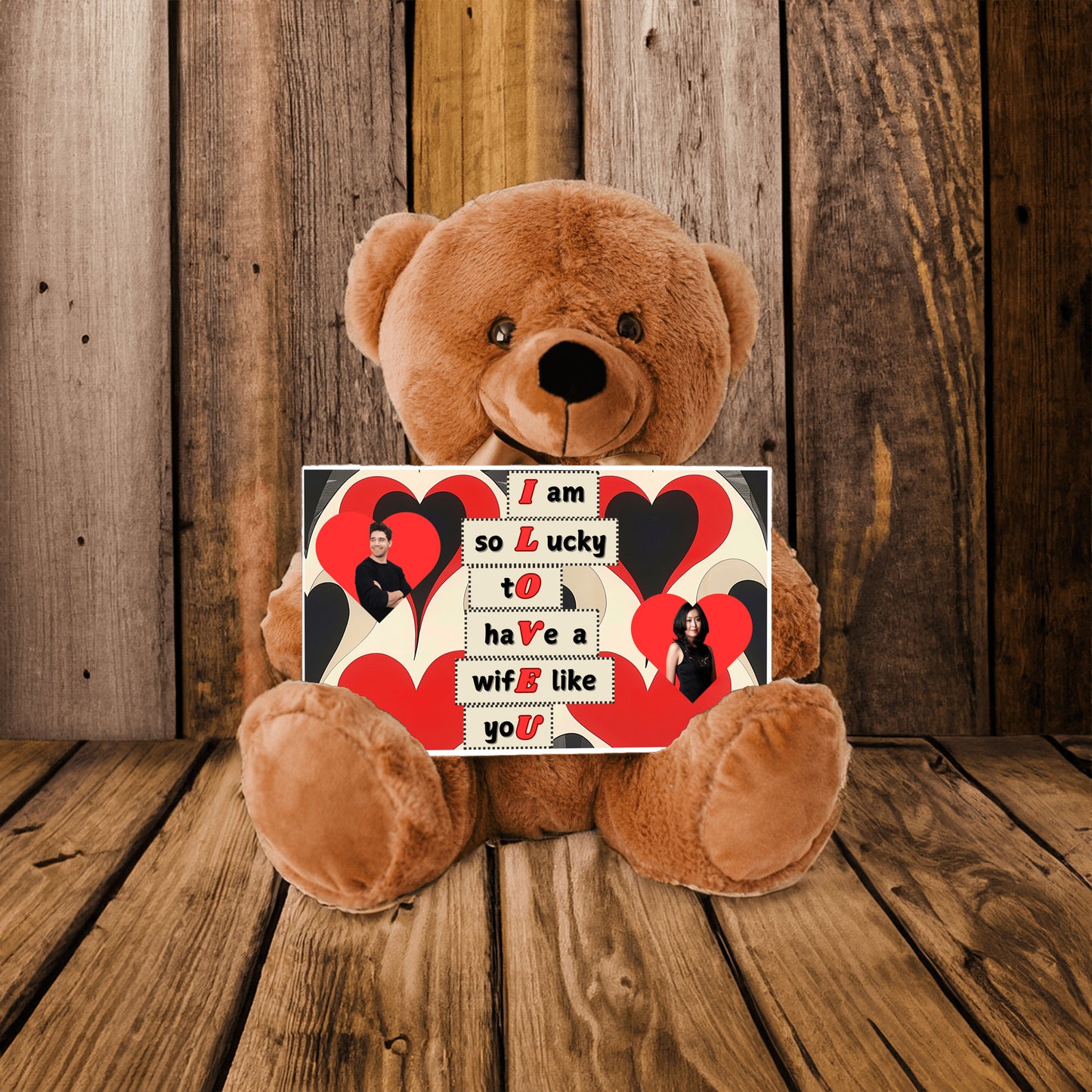 ILOVEU Personalized Couple Photo Teddy Bear with Sign - Best Gift for Wife - Black & Red Classic Heart Design Background