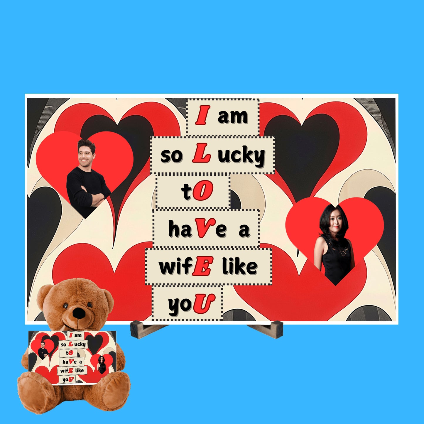 ILOVEU Personalized Couple Photo Teddy Bear with Sign - Best Gift for Wife - Black & Red Classic Heart Design Background