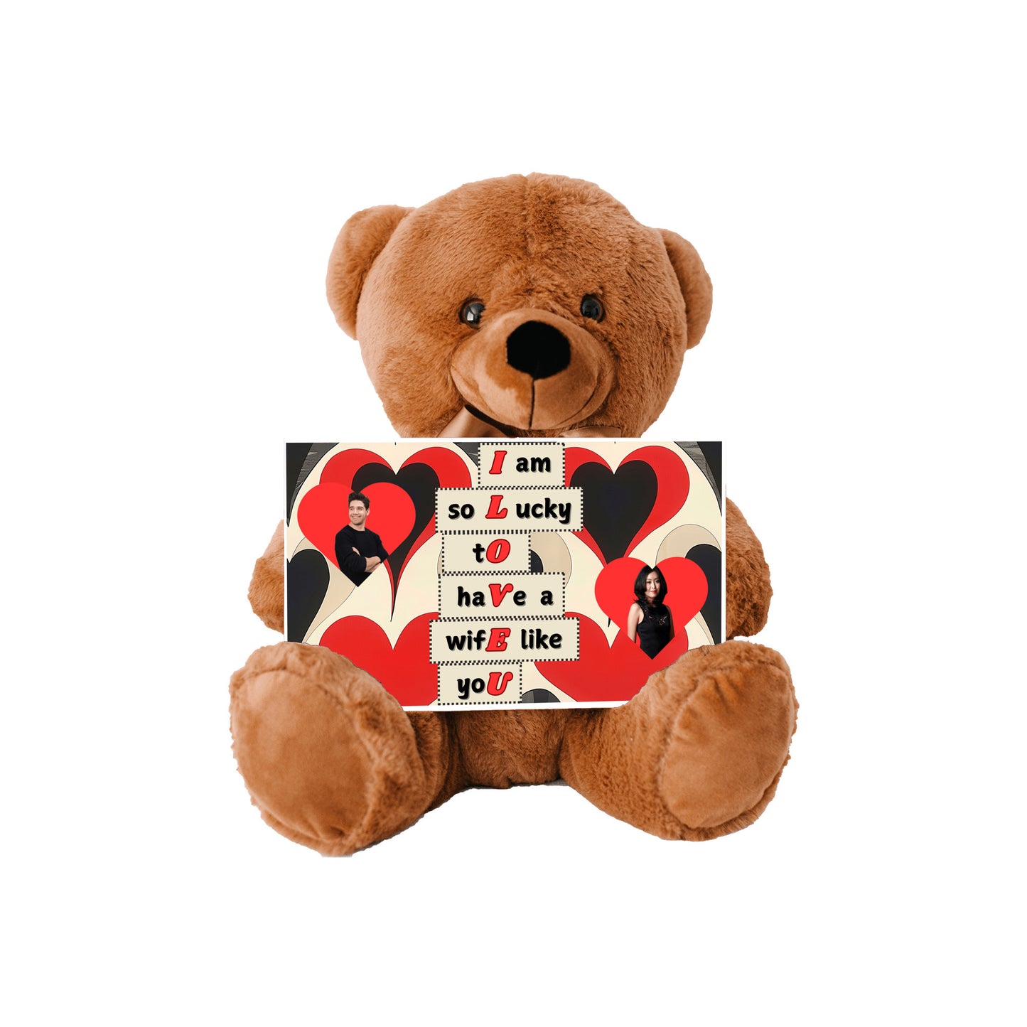 ILOVEU Personalized Couple Photo Teddy Bear with Sign - Best Gift for Wife - Black & Red Classic Heart Design Background