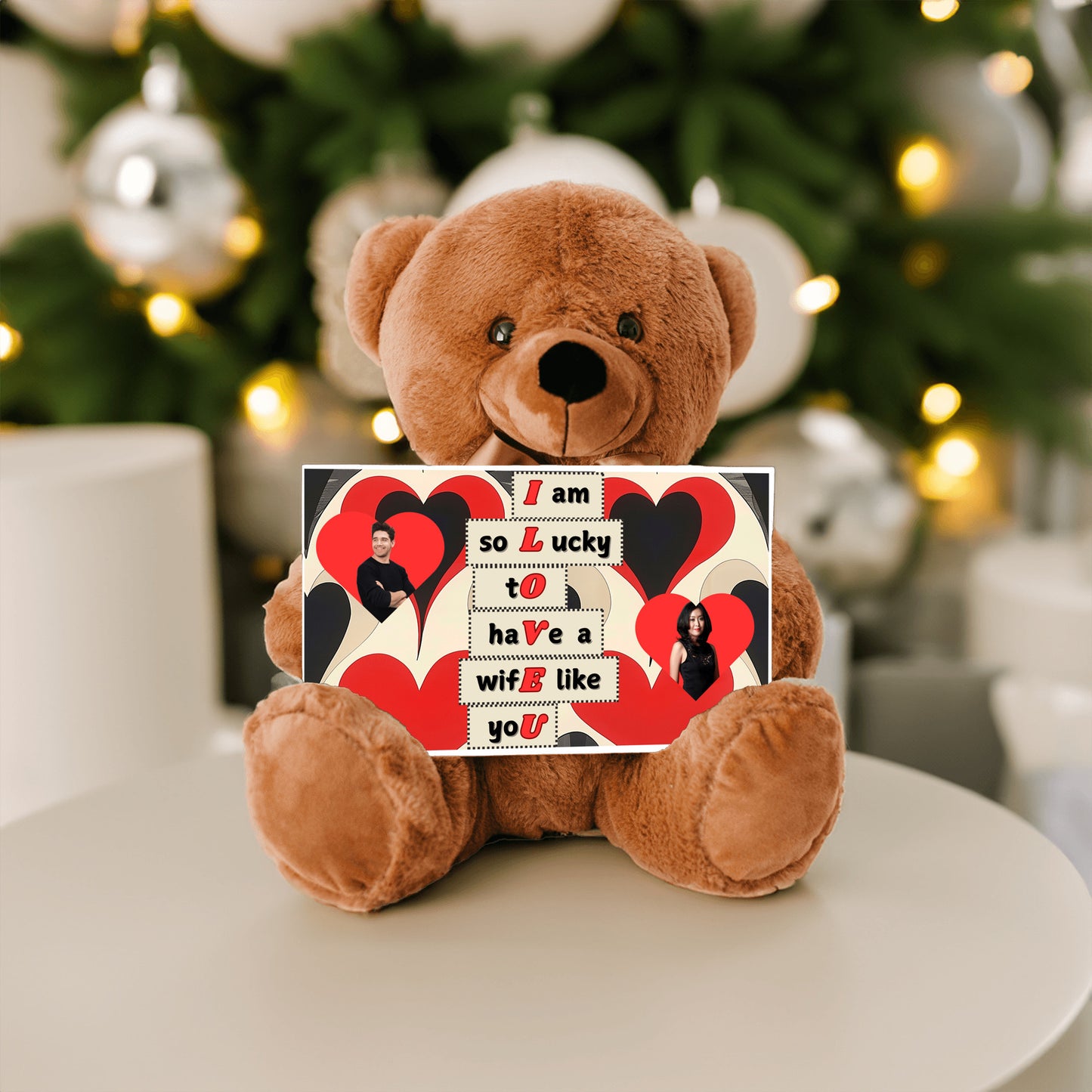 ILOVEU Personalized Couple Photo Teddy Bear with Sign - Best Gift for Wife - Black & Red Classic Heart Design Background