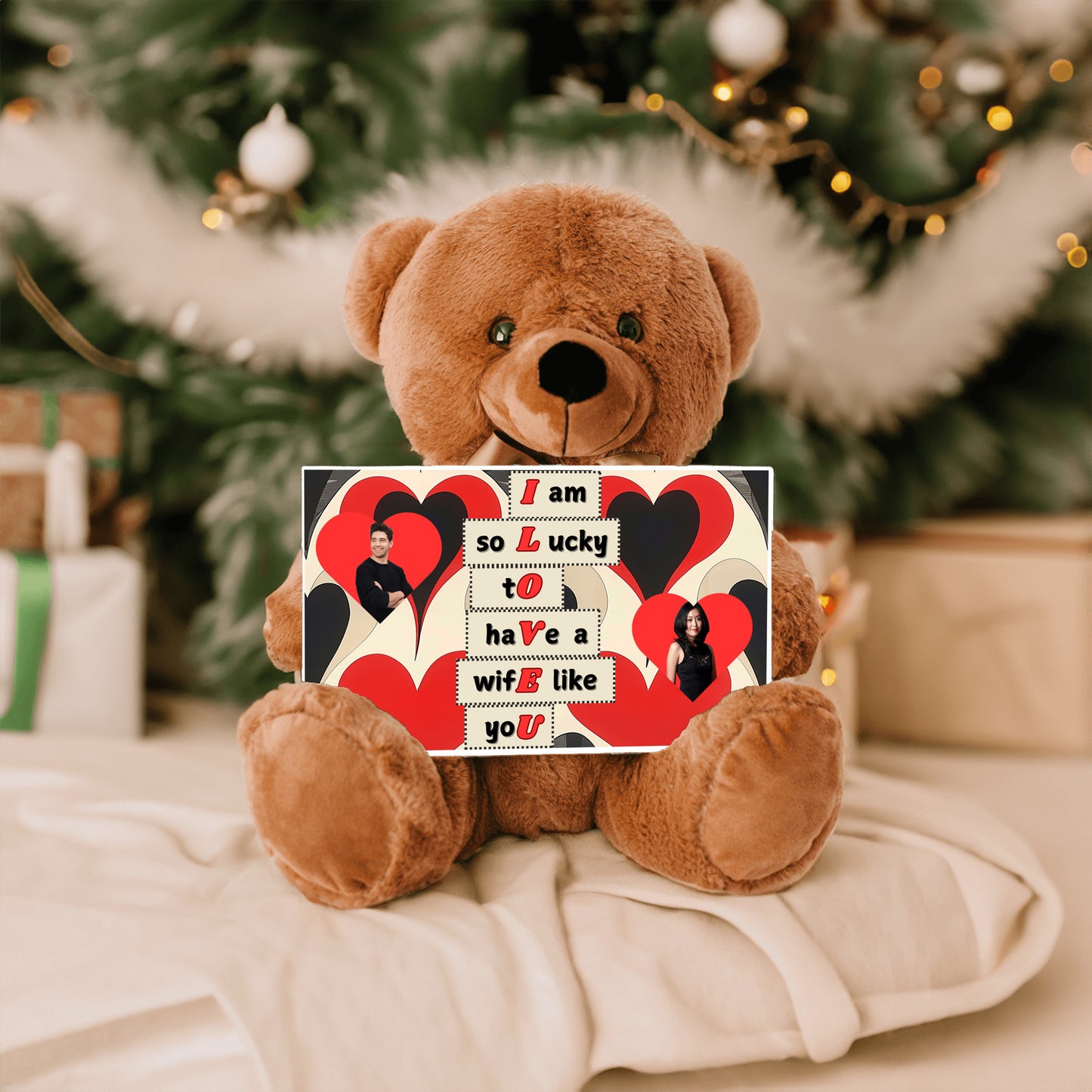 ILOVEU Personalized Couple Photo Teddy Bear with Sign - Best Gift for Wife - Black & Red Classic Heart Design Background