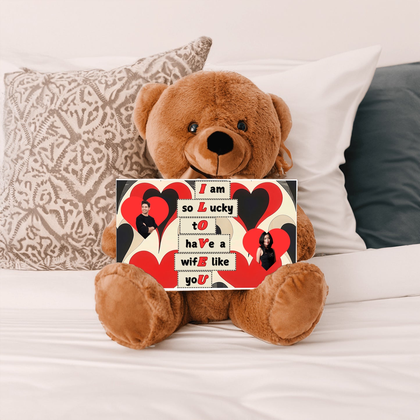 ILOVEU Personalized Couple Photo Teddy Bear with Sign - Best Gift for Wife - Black & Red Classic Heart Design Background