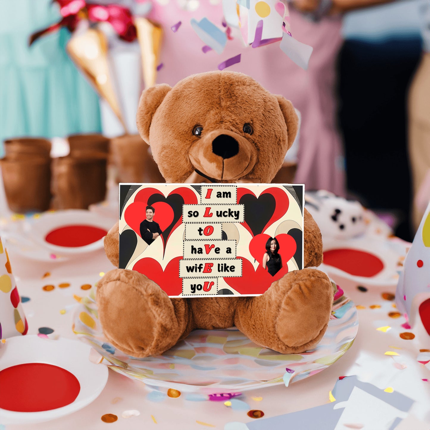 ILOVEU Personalized Couple Photo Teddy Bear with Sign - Best Gift for Wife - Black & Red Classic Heart Design Background