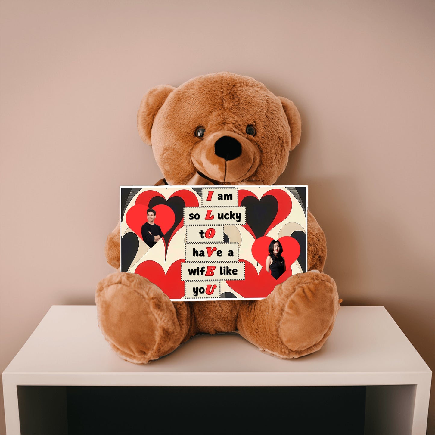 ILOVEU Personalized Couple Photo Teddy Bear with Sign - Best Gift for Wife - Black & Red Classic Heart Design Background