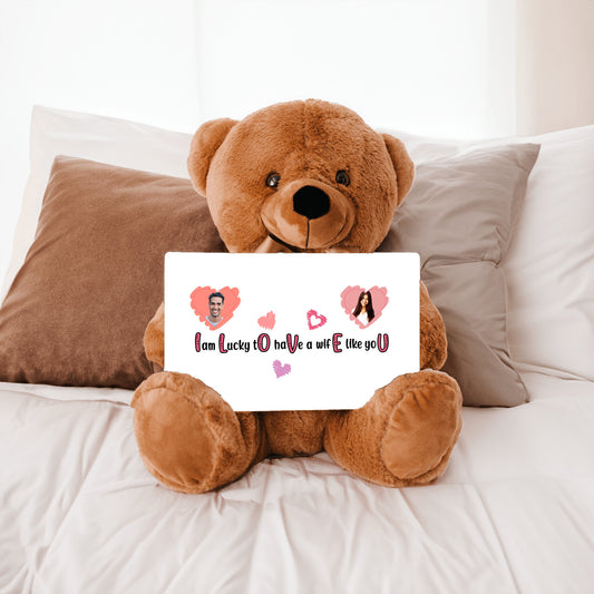 ILOVEU Personalized Gift - Custom Couple Photo Teddy Bear with Sign- Two Hearts Minimalist Design