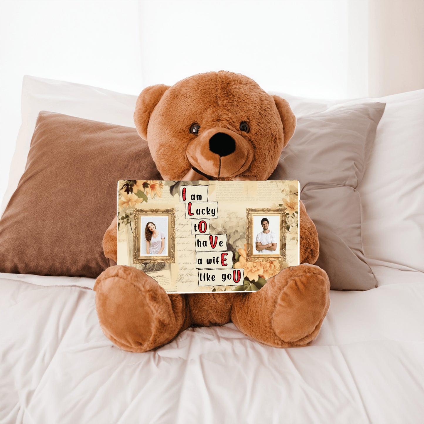 ILOVEU Romantic Gift for Wife - Personalized Couple Photo Teddy Bear with Vintage Design Sign Card