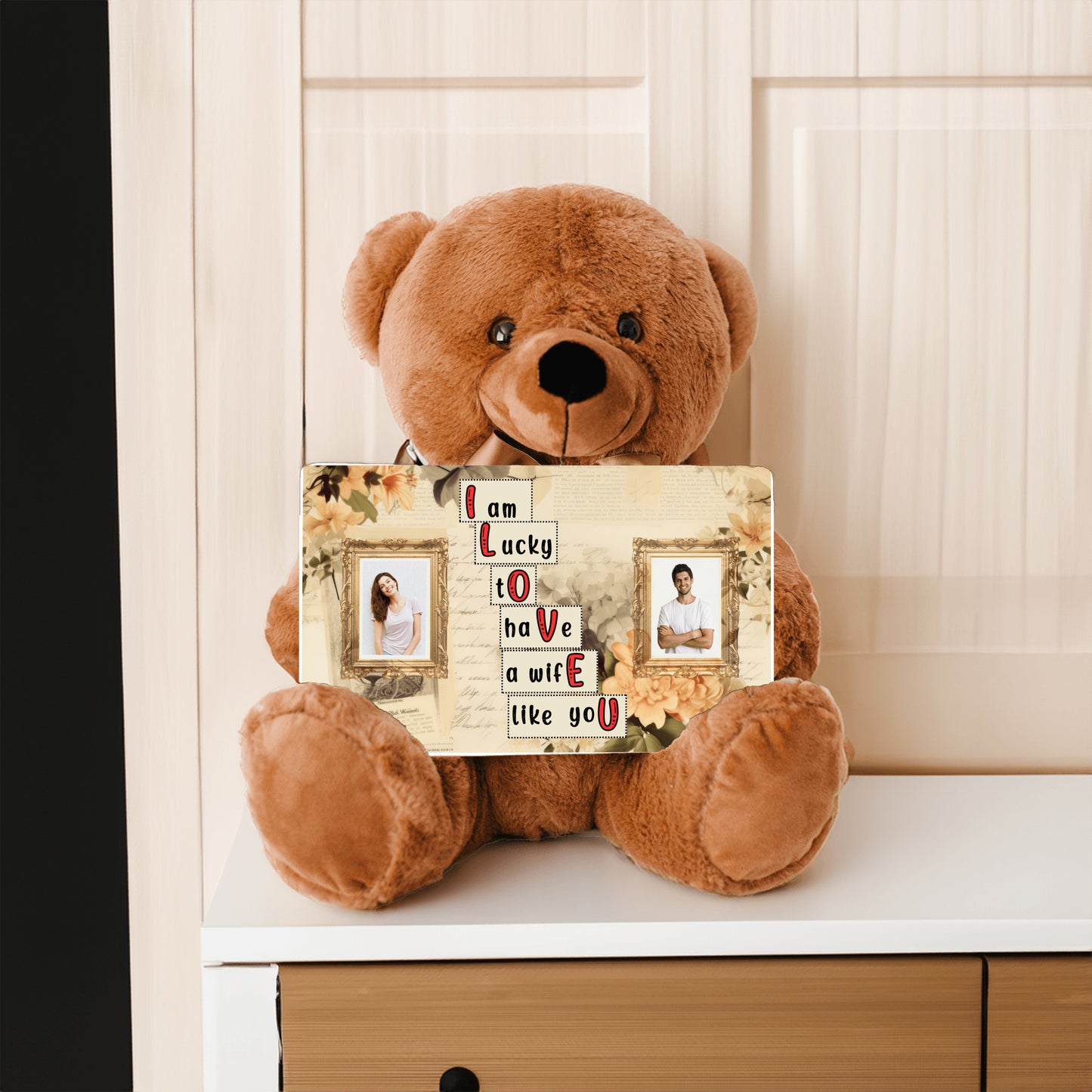 ILOVEU Romantic Gift for Wife - Personalized Couple Photo Teddy Bear with Vintage Design Sign Card